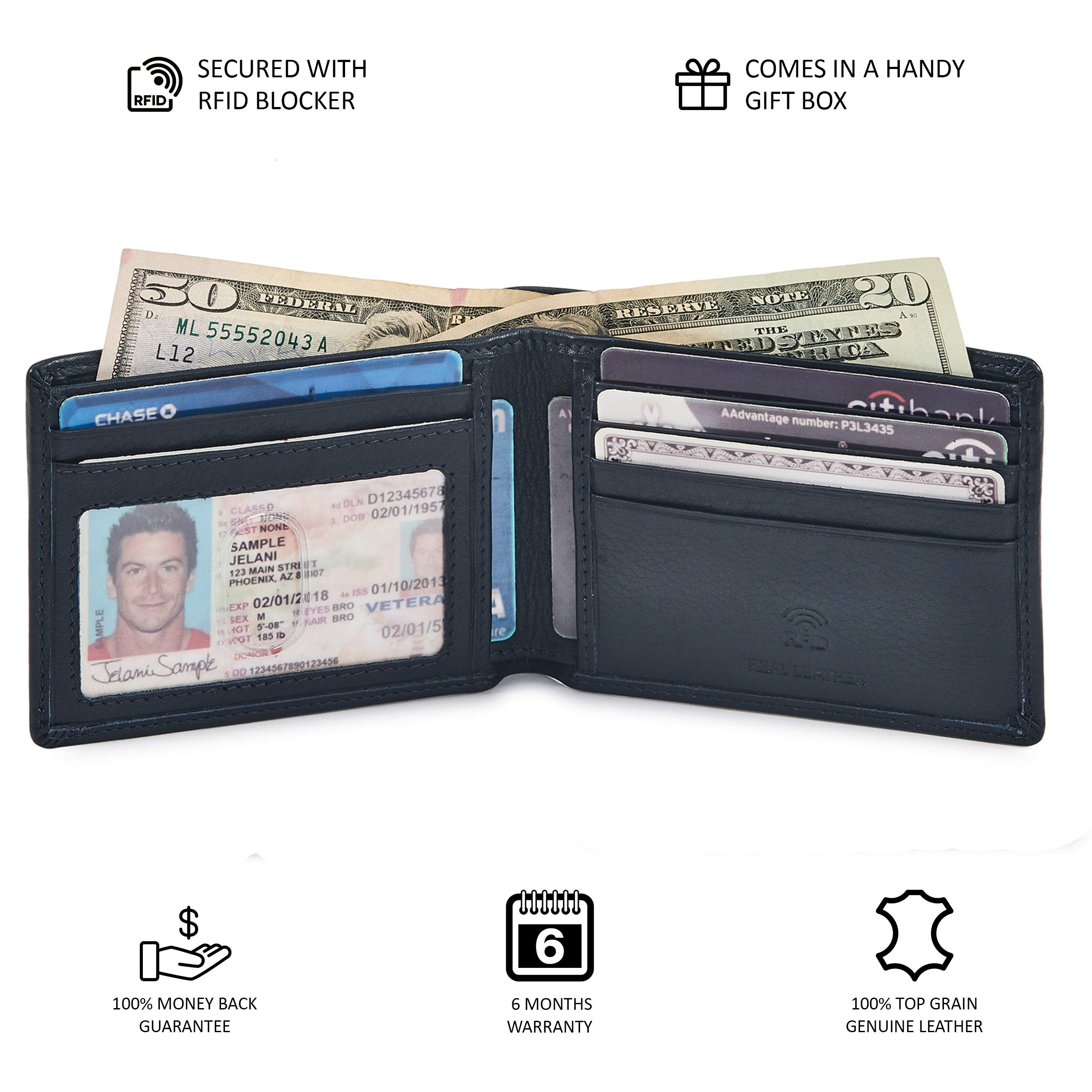 Genuine Leather Men's RFID Blocking Bifold Wallet - Slim & Minimalist Front Pocket Design with ID Window - Thin, Stylish Gift Box (Nappa, Midnight Navy) - Perfect for Everyday Carry, Travel & Business Use