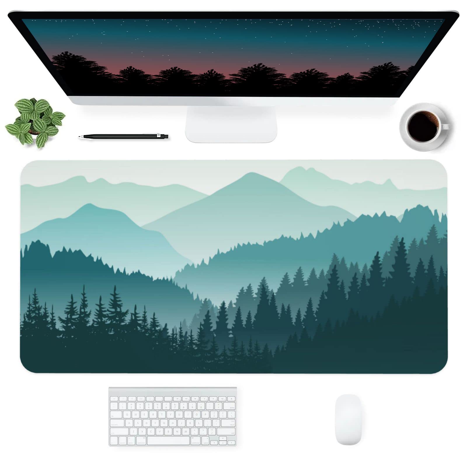 Premium Foggy Forest Mountain Landscape Extended Gaming Mouse Pad - Large Non-Slip Rubber Base with Stitched Edges - Waterproof Desk Mat for Computer, Laptop, Office & Home (31.5