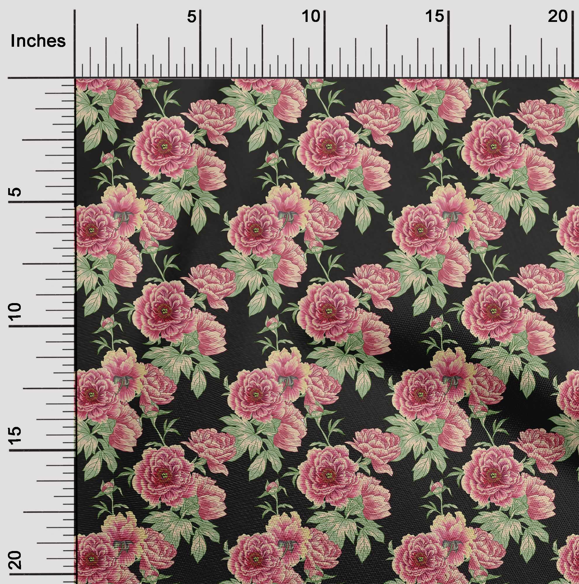 Premium Black Floral Printed Polyester Spandex Fabric - 56