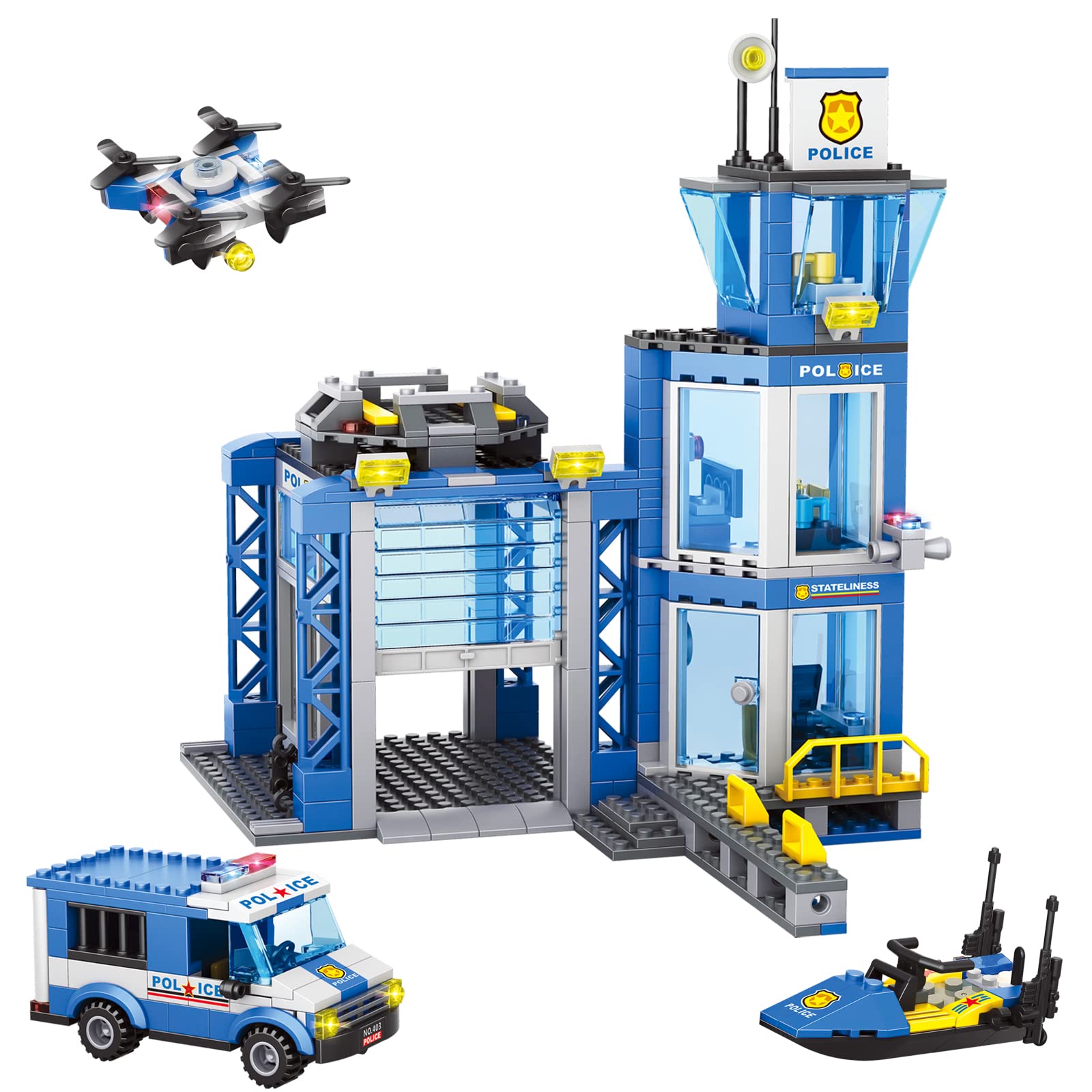 City Police Station Building Set with Cop Truck, Motorboat, Drone & Guard Room - 509pcs STEM Construction Toys for Kids Ages 6+ | Creative Police-Themed Building Blocks for Birthday & Christmas Gifts | Perfect for Role Play, STEM Learning & Imaginative Play