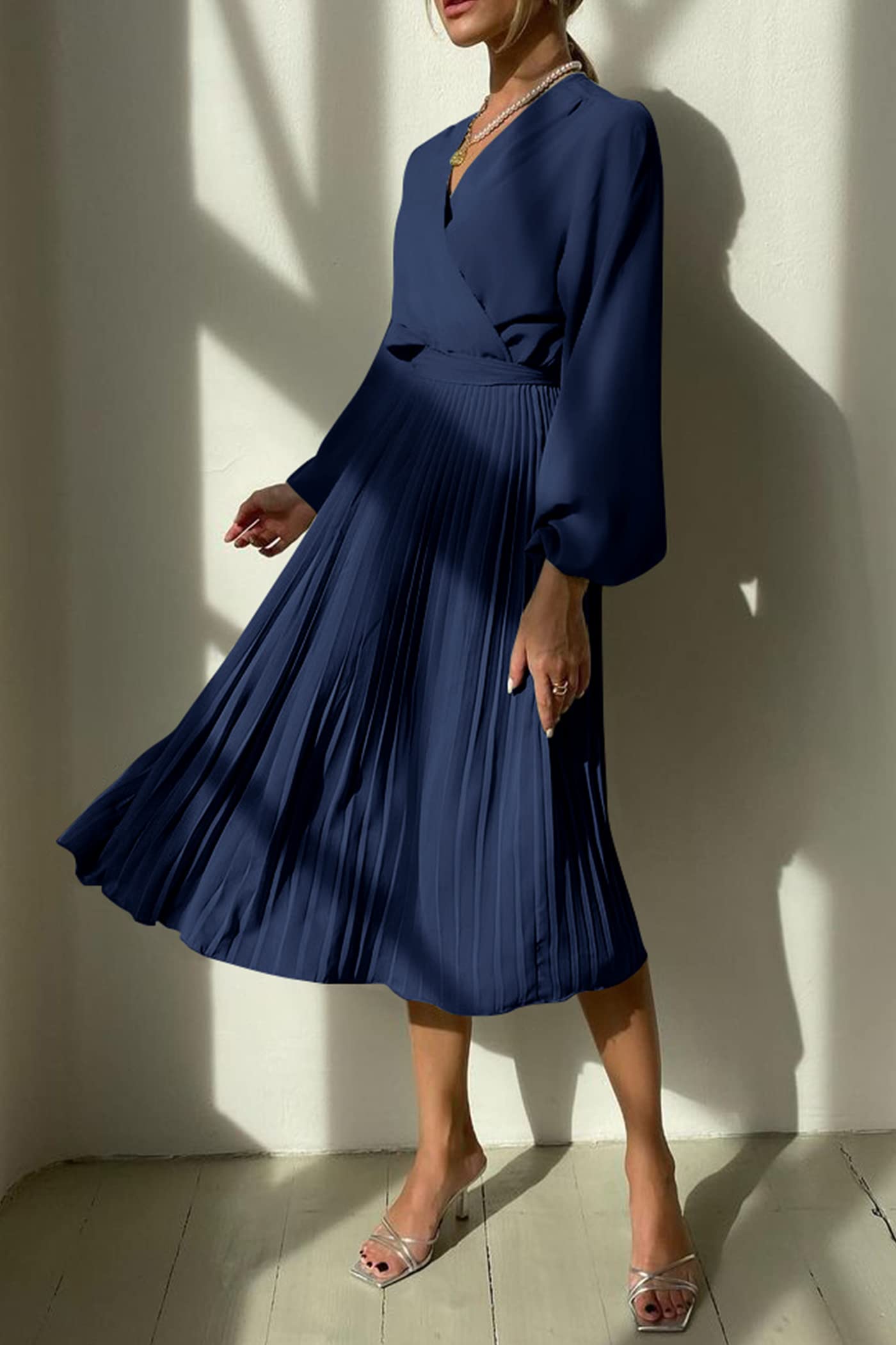 PRETTYGARDEN Women's Flowy Wrap Dress with Puff Sleeves - V-Neck Midi Dress with Ruffle & Pleated Details for Spring/Summer/Fall - Perfect for Casual Outings, Date Nights & Office Wear