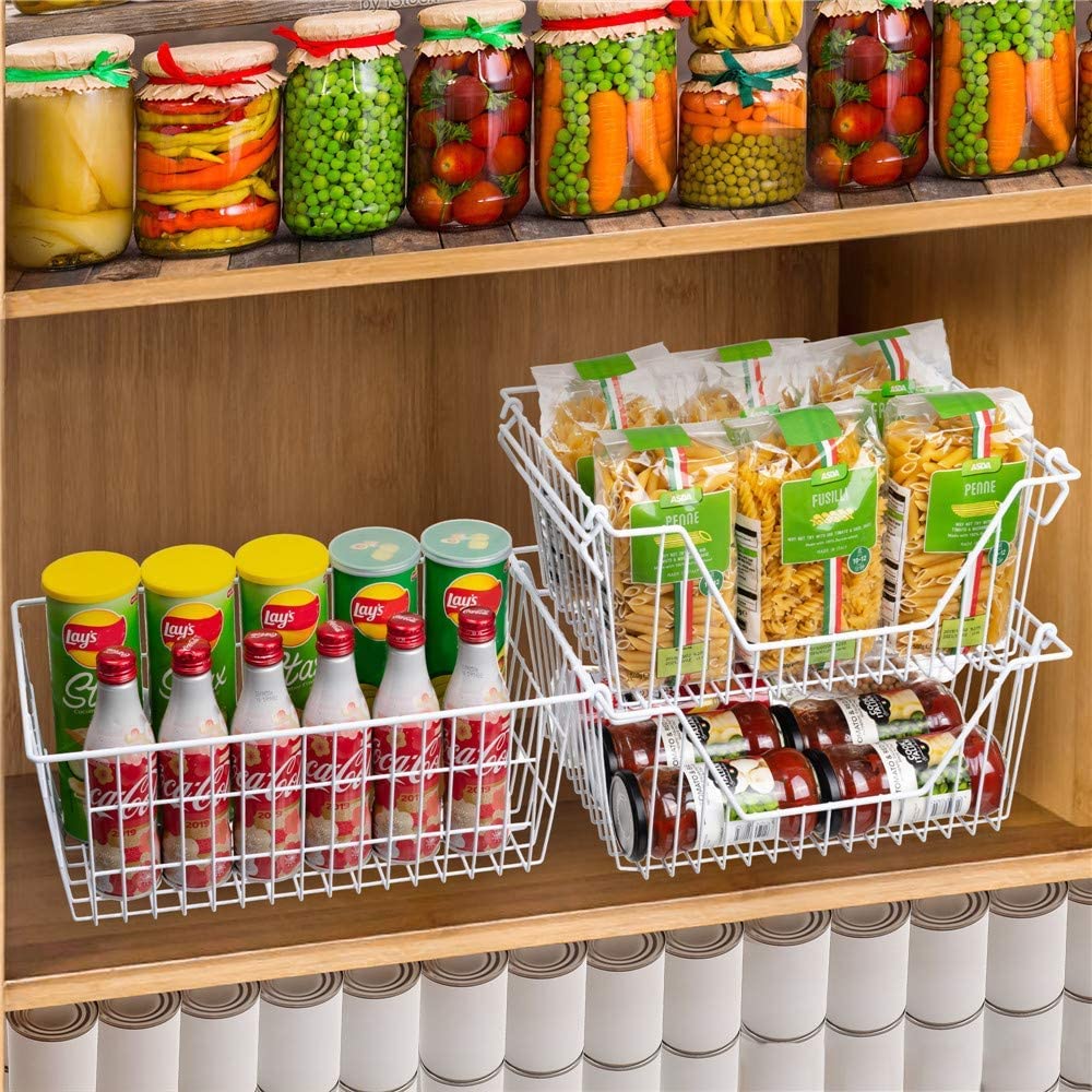 SANNO Stackable Metal Wire Baskets - 4 Pack White Kitchen Storage Bins for Pantry Organization, Fruit & Vegetable Storage, Cabinet Shelves | Perfect for Kitchen Counter, Bathroom, Office & Closet Organization