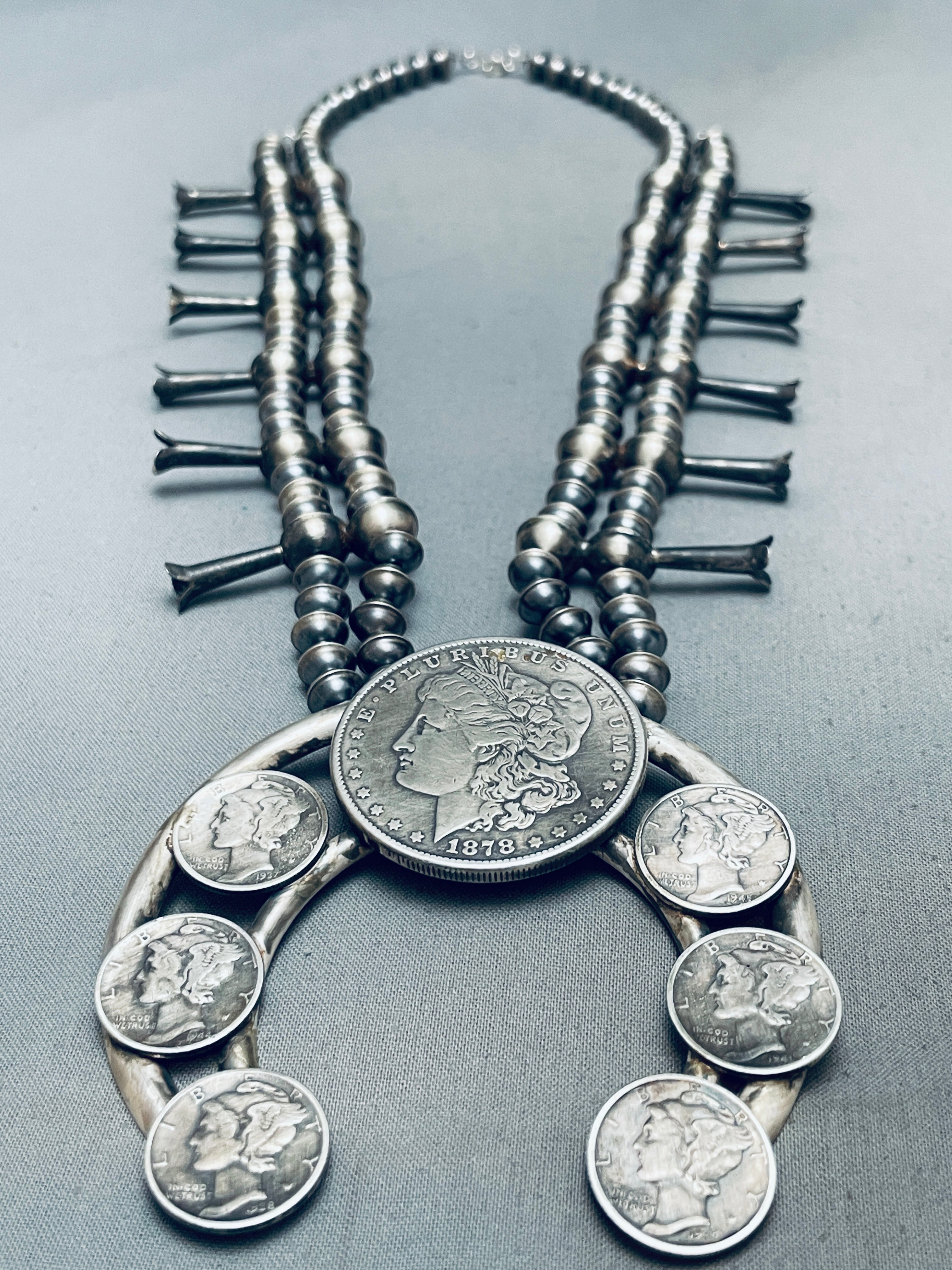 Vintage Navajo Sterling Silver Squash Blossom Necklace - 127g Authentic Native American Coin Jewelry - Perfect for Boho Fashion, Western Wear & Special Occasions