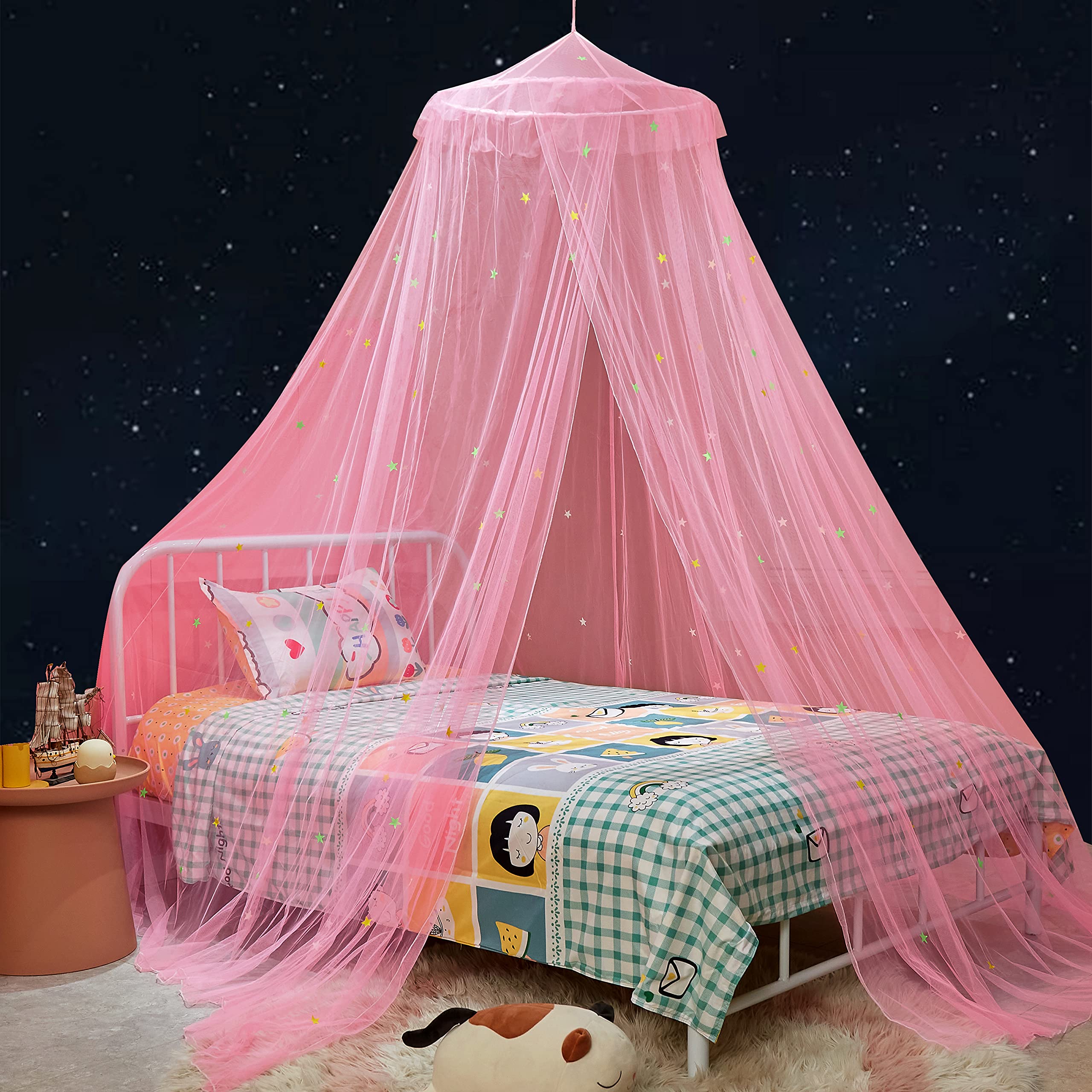 Glow in The Dark Stars Bed Canopy for Girls - Pink Princess Canopy Curtains for Kids Room, Baby Crib, Twin/Full/Queen Size Bed - Perfect for Nursery Decor, Birthday Gifts & Fairy Tale Bedroom Themes