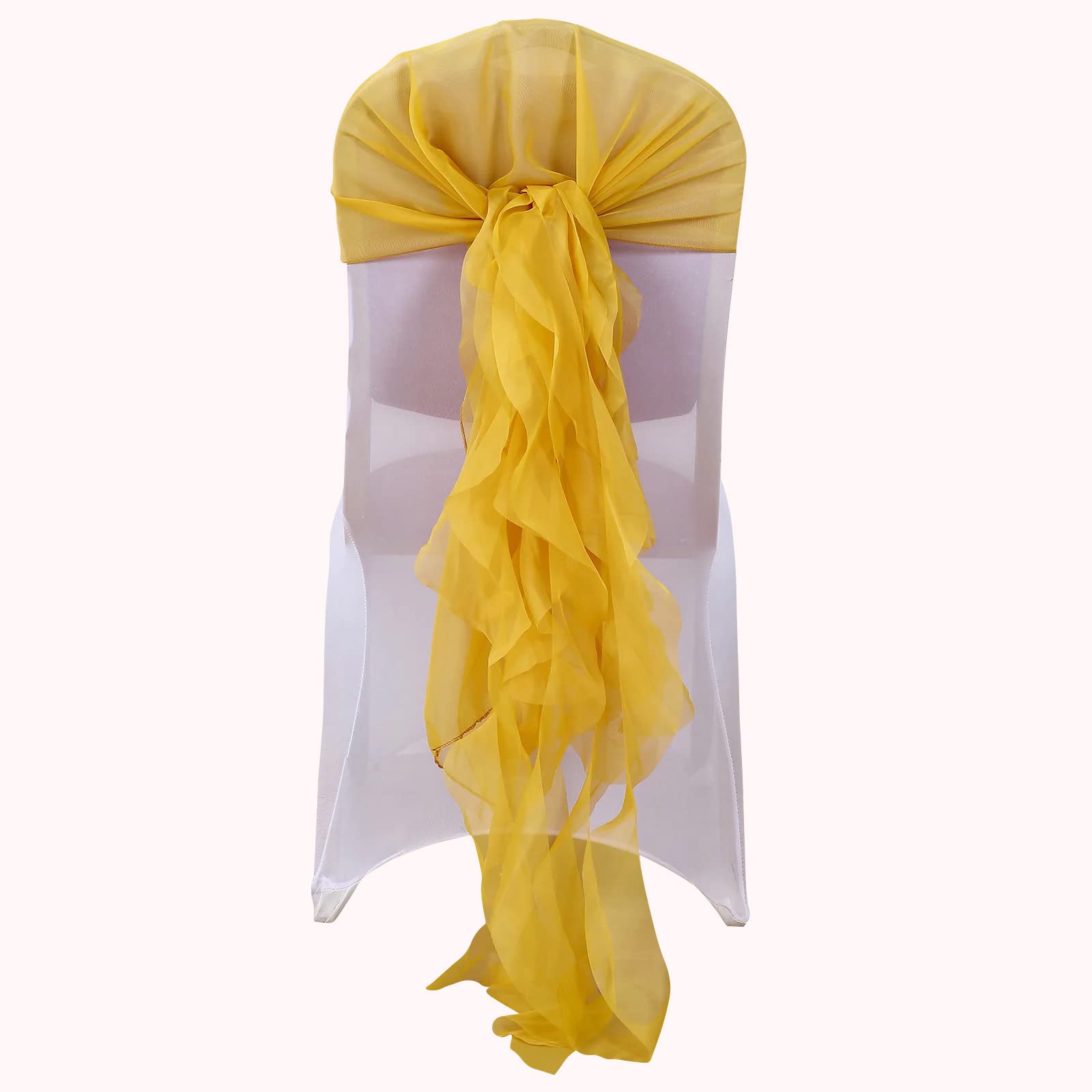 50 Mustard Yellow Premium Curly Chiffon Chair Covers with Sashes - Elegant Wedding, Party & Reception Decorations - Perfect for Banquet Halls, Church Ceremonies & Outdoor Events