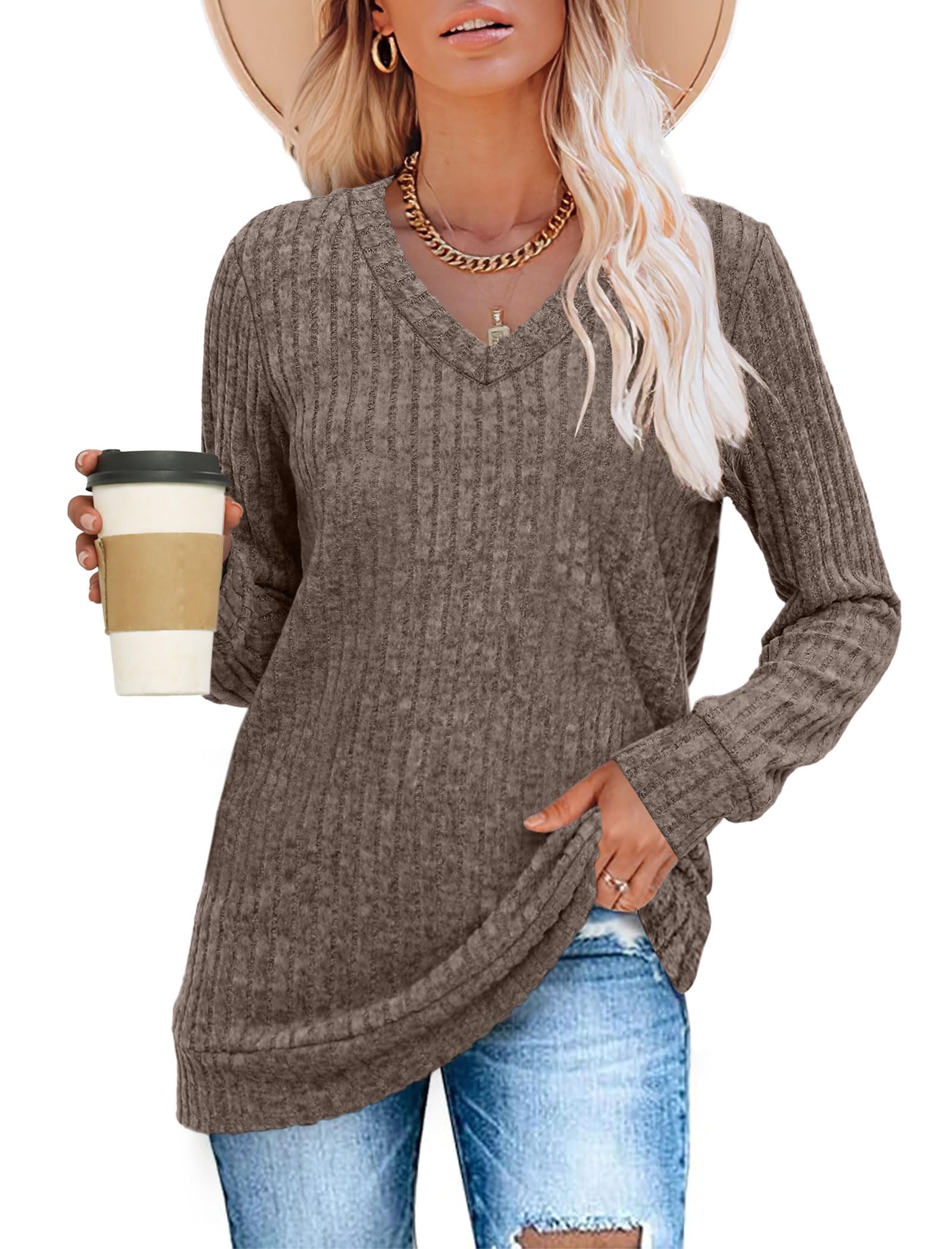 Stylish SAMPEEL V Neck Long Sleeve Tunic Sweater for Women | Lightweight Fall Casual Top | Trendy 2025 Fashion Clothes | Perfect for Office Wear, Date Nights & Autumn Layering