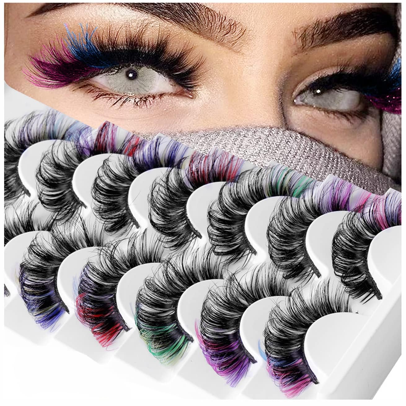**Vibrant Colored Mink False Eyelashes - 3D D Curl Fluffy Cat Eye Lashes with Color Tips, 7 Pairs Salon Extensions for Dramatic & Glamorous Makeup Looks (Perfect for Parties, Halloween, Cosplay & Special Events)**