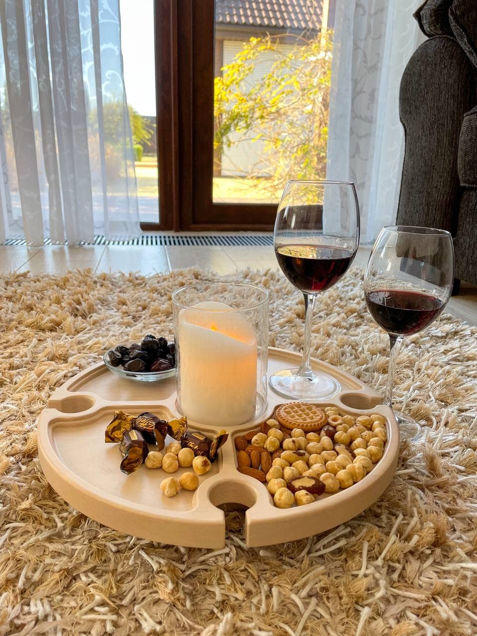 Portable Folding Wine Picnic Table - Compact Wooden Outdoor Beer Table with Glass Holders & Snack Tray for Cheese, Fruits | Perfect for Backyard Parties, Beach Camping, Picnics & Tailgating (Beige)