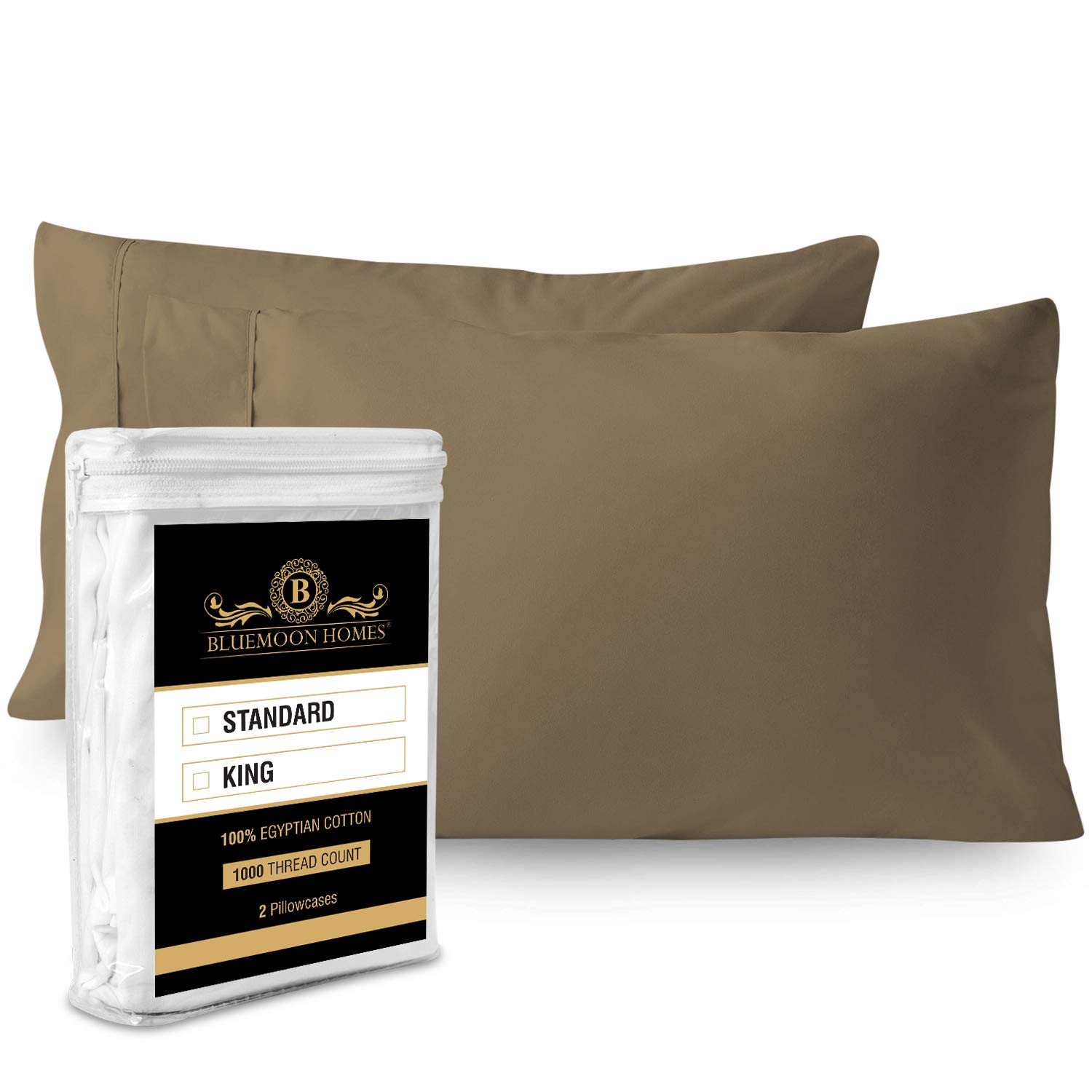 Luxury 1000 Thread Count Satin Silk Pillowcase Set - King Size 2-Piece Soft Pillow Covers with Envelope Closure, Egyptian Cotton Taupe for Hair & Skin Care - Perfect for Bedroom, Travel & Gift Giving