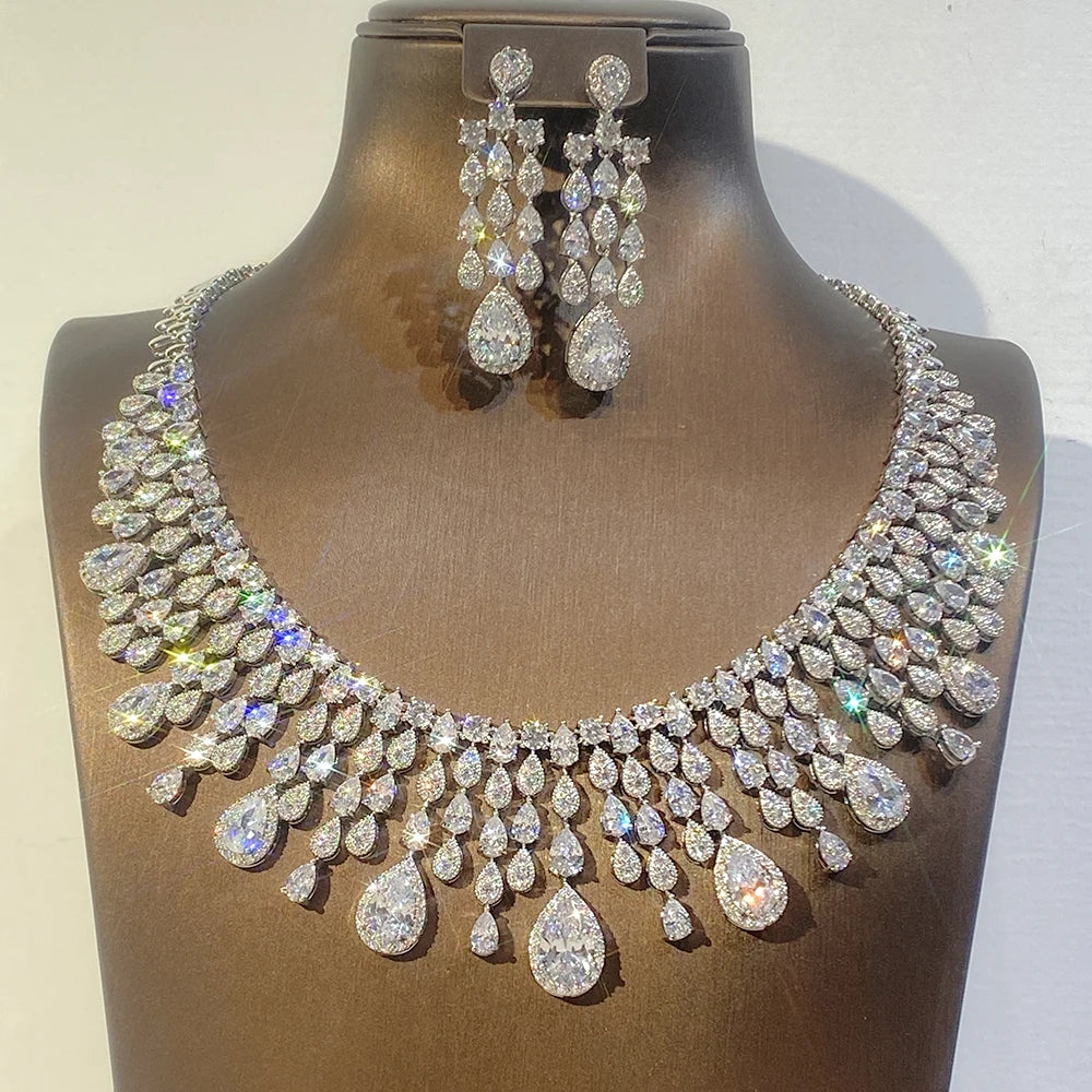 Luxury Water Drop Tassel Jewelry Set with White Cubic Zirconia - Elegant Bridal Necklace & Earrings for Weddings, Prom, Evening Gala & Special Occasions