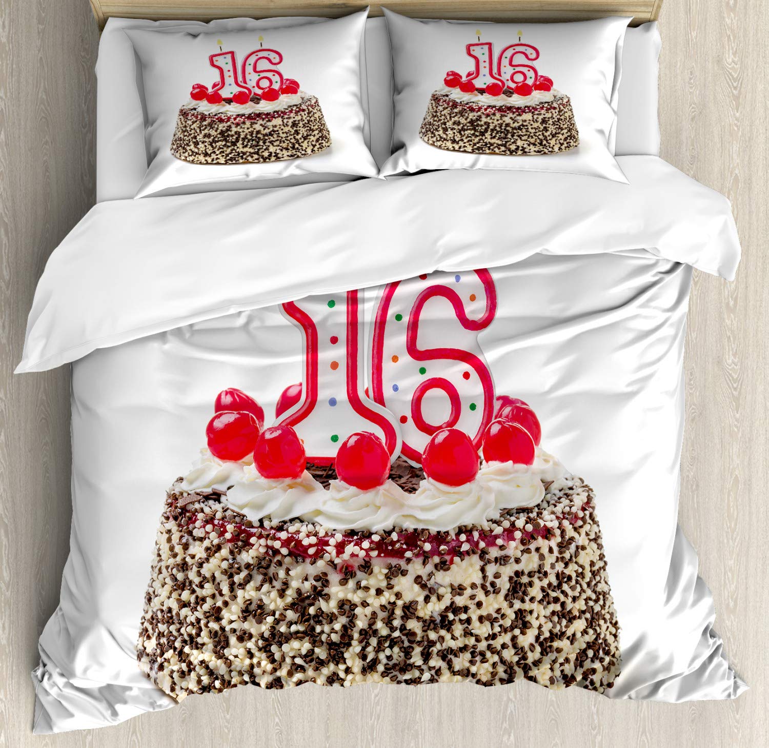 Ambesonne 16th Birthday Duvet Cover Set - Delicious Cake with Candles & Cherry Dessert Design - 3 Piece Bedding Set with 2 Pillow Shams - California King Size - Multicolor - Perfect for Sweet 16 Parties & Teen Bedroom Decor