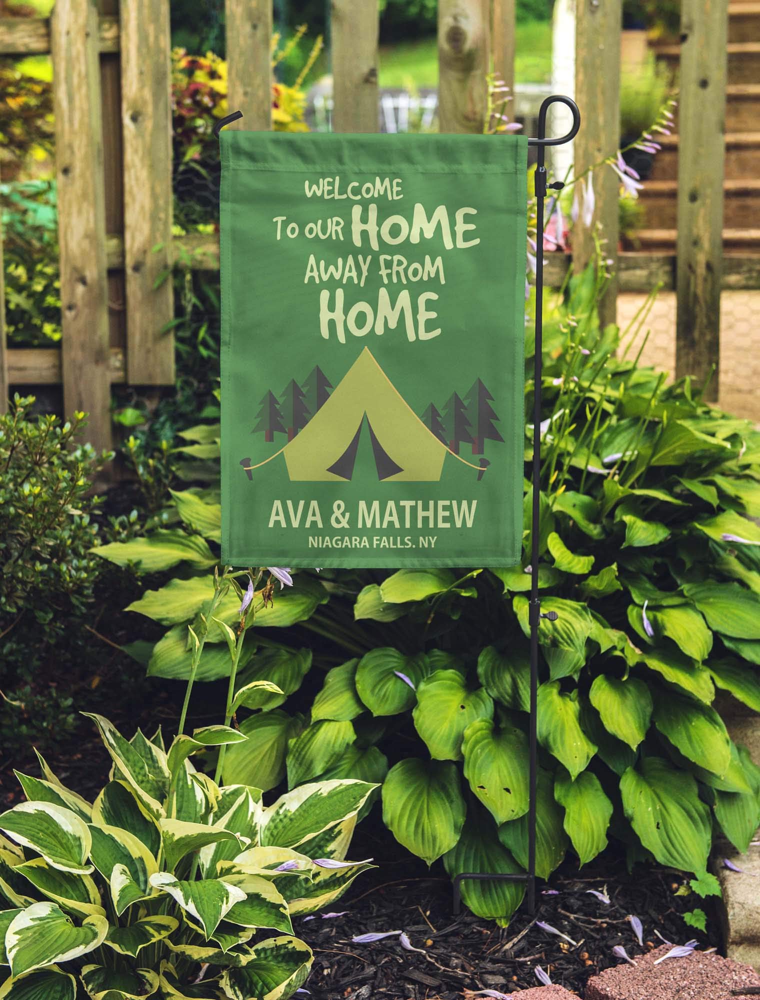 Custom Personalized Double Sided Campsite Flag - Seaweed Green Welcome to Our Home Away from Home Camping Flag for Outdoor Enthusiasts | Perfect for RV Parks, Campgrounds & Backyard Camping Decor