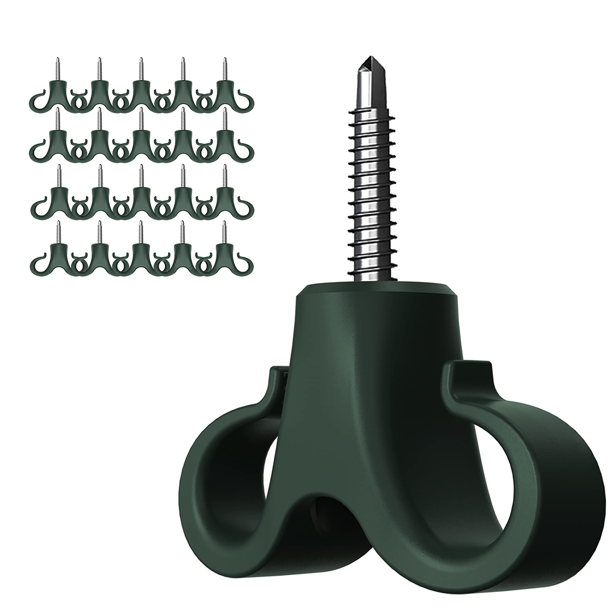 20 Pack Double Q-Hanger Hooks with Screws - Heavy Duty Christmas Light Hangers for Outdoor String Lights & Indoor Fairy Lights - Rustproof Retro Green Hooks for Holiday Decorations, Patio, Garden & Roof Decor