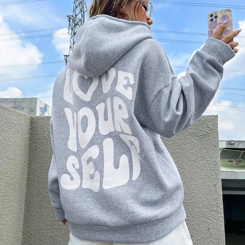 Love Yourself Cotton Printed Hoodie - Creative Oversized Women's Sweatshirt for Streetwear & Harajuku Fashion | Perfect for Casual Outfits, Outdoor Activities and Trendy Street Style