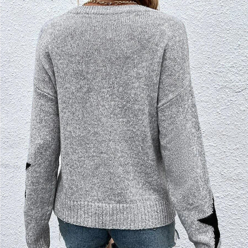 Women's Knitted Sweater Round Neck Star Jacquard Pullover - Cozy Winter & Fall Fashion for Women - Perfect for Casual Outings, Office Wear & Holiday Gatherings