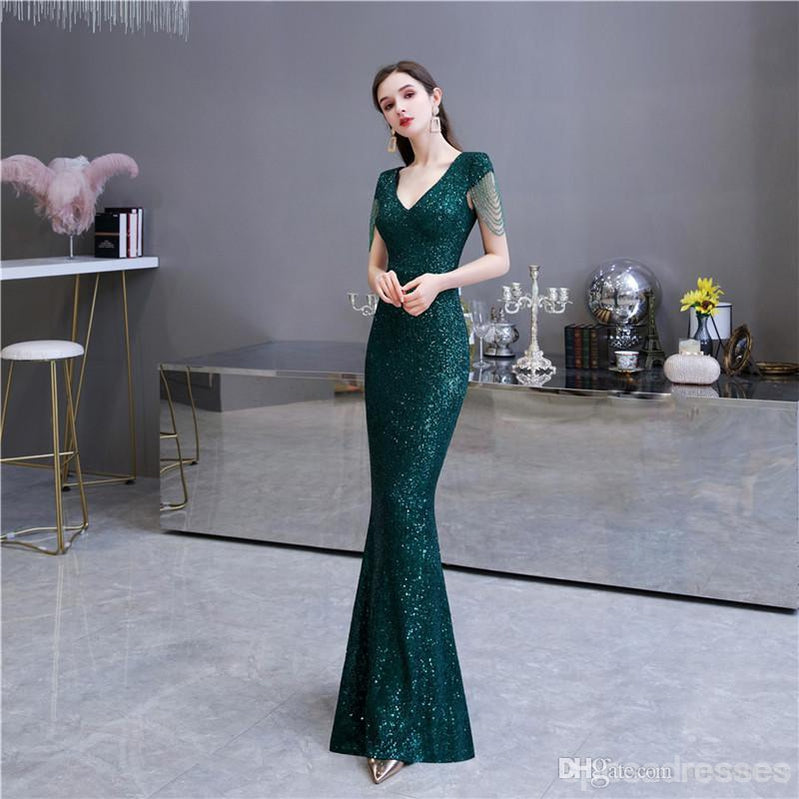 Green Mermaid Sequin V-Neck Cap Sleeves Long Prom Dress for Women | Elegant Evening Gown for Party, Homecoming, Wedding Guest | Perfect for Formal Events & Special Occasions