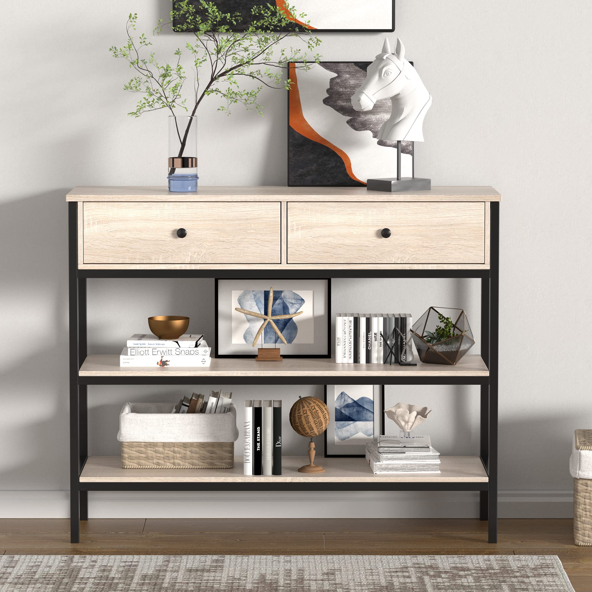 Cozy Castle 3-Tier Industrial Console Table with Drawers & Storage Shelves - Narrow Long Entryway Sofa Table for Hallway, Living Room - Solid Oak Wood - Perfect for Small Spaces, Apartment Decor & Home Organization