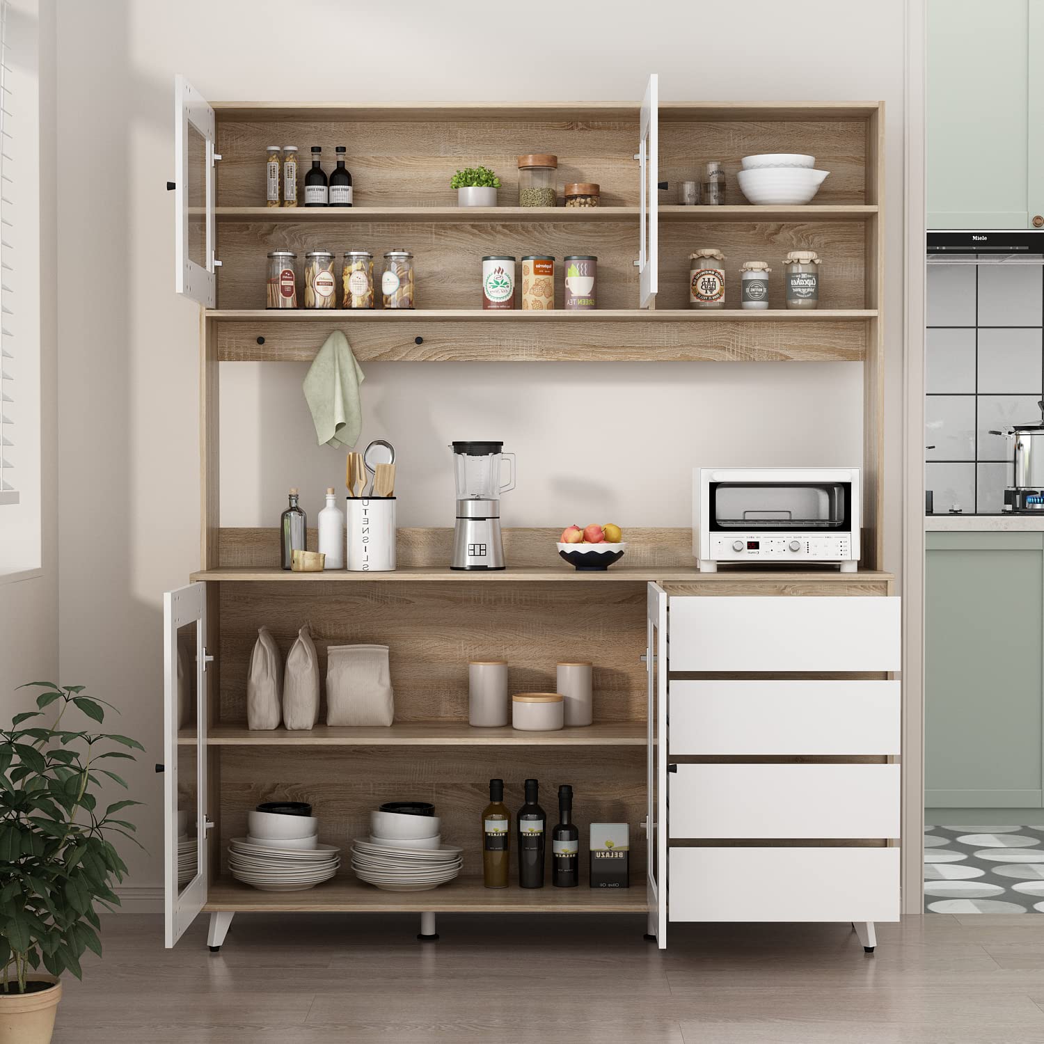 Large Kitchen Hutch Cabinet with 4 Glass Doors & 4 Drawers - White Oak Pantry Storage Cupboard with Microwave Shelf - 63