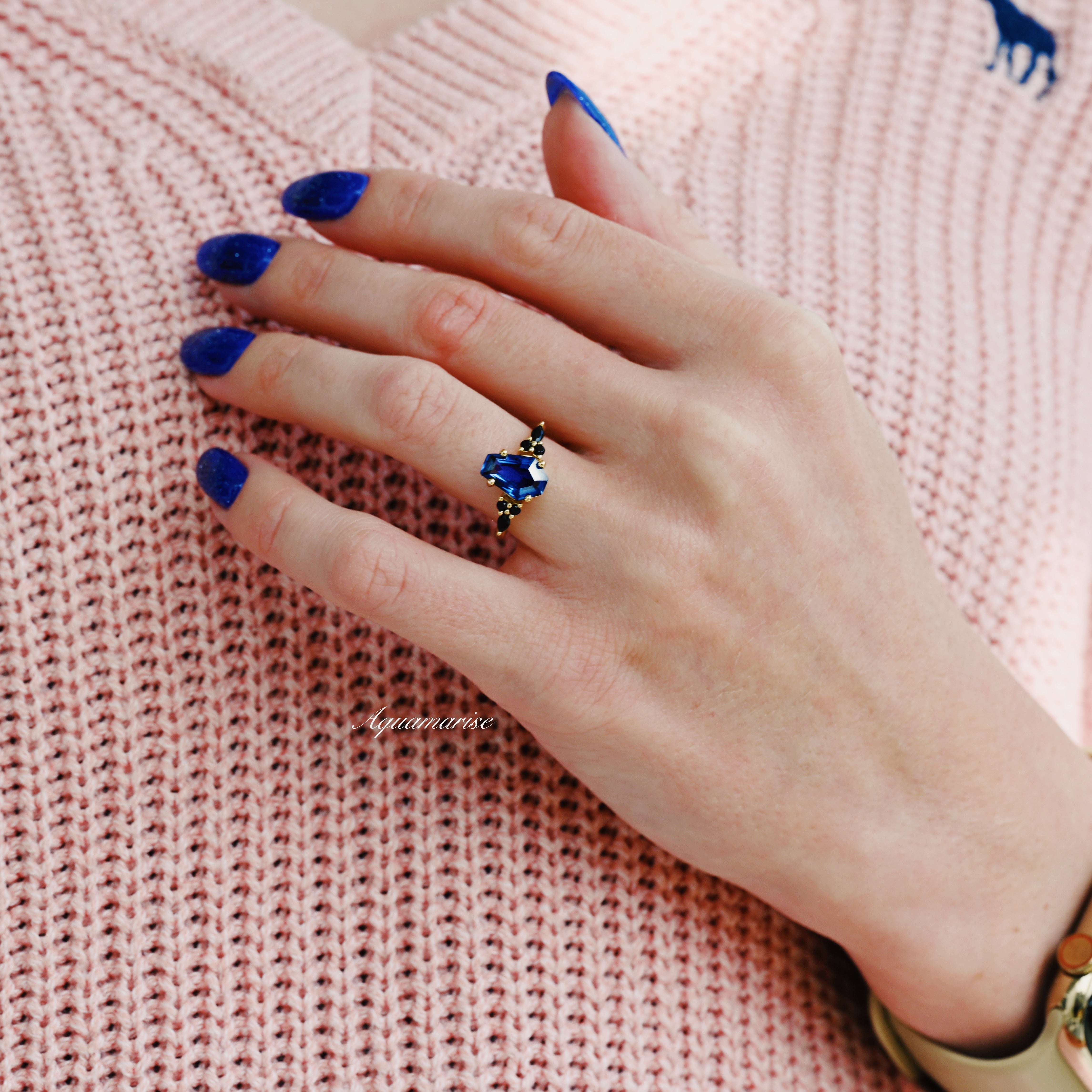 Exquisite 14K Yellow Gold Vermeil Coffin Cut Blue Sapphire & Black Onyx Ring for Women | Elegant Gothic Jewelry for Weddings, Parties & Special Occasions