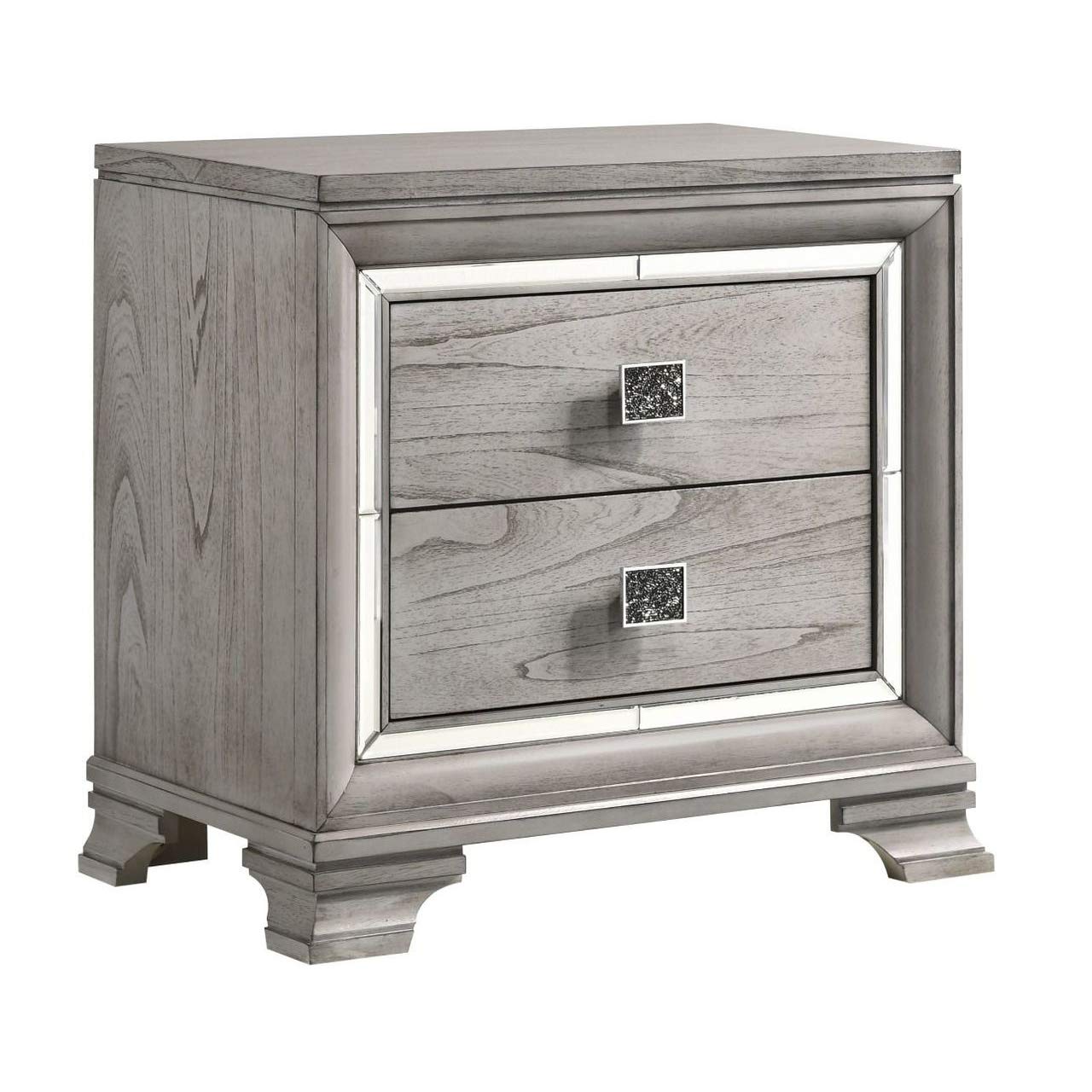 Benjara 2 Drawer Nightstand with Mirror Accent and Bracket Feet - Gray Wooden Bedside Table for Bedroom, Living Room, or Guest Room - Modern Home Furniture with Storage Space