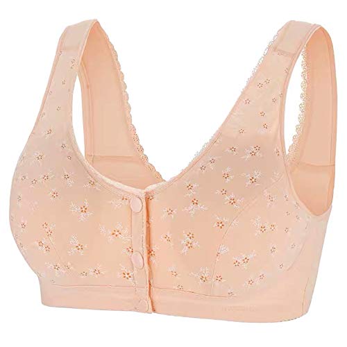 Comfortable Cotton Wireless Front Closure Bras for Elderly Women - Soft Cup Floral Padded Bras for Everyday Wear & Easy Dressing - Perfect for Relaxing at Home, Light Activities & Senior Comfort
