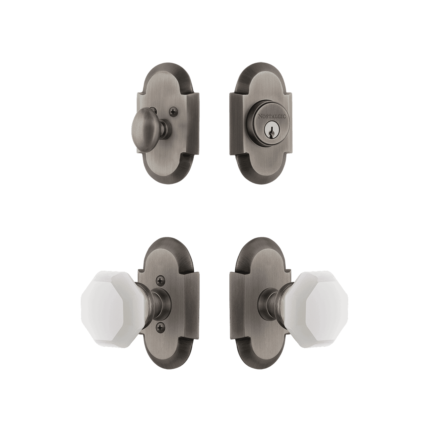 Antique Pewter Cottage Entry Set with White Waldorf Crystal Knob - Elegant Door Hardware for Farmhouse, Victorian & Traditional Home Decor