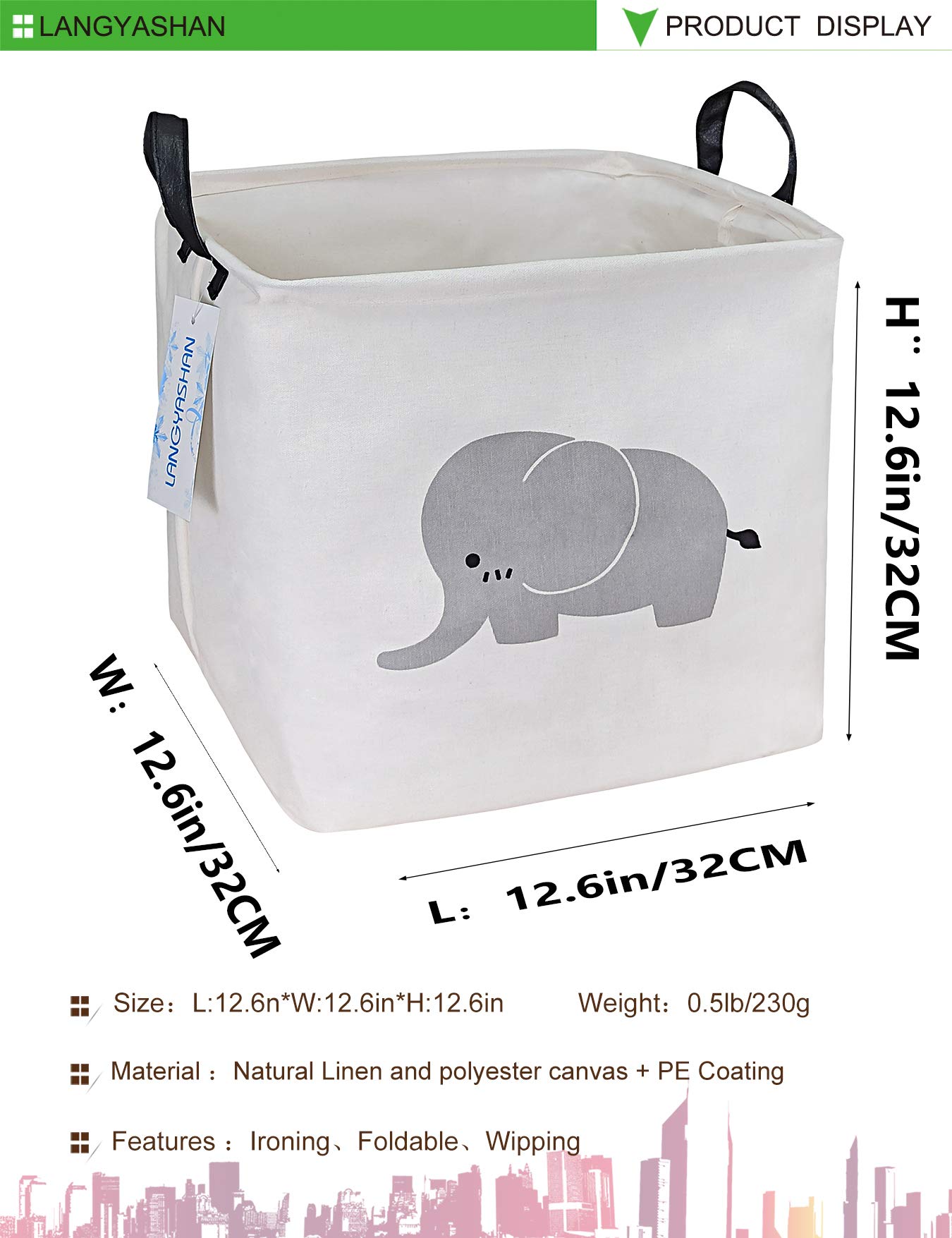 LANGYASHAN Square Storage Baskets - Waterproof Canvas Laundry Hamper for Kids, Nursery Toy Organizer, Shelves Decor Gift Basket (Elephant Design) - Perfect for Baby Room, Playroom & Closet Organization
