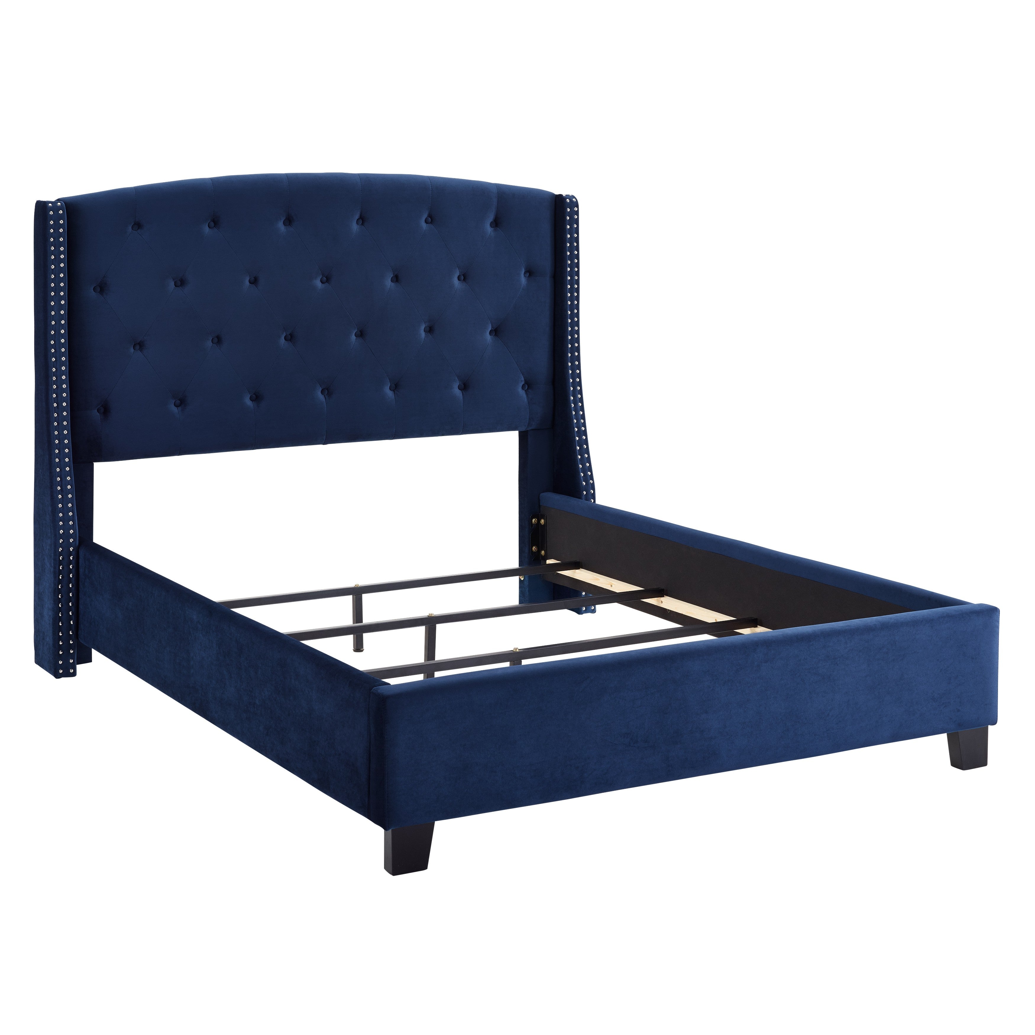 Roundhill Furniture Summit Wingback Tufted Velvet Upholstered Queen Bed in Royal Blue - Luxurious Bedroom Centerpiece for Master Suite or Guest Room