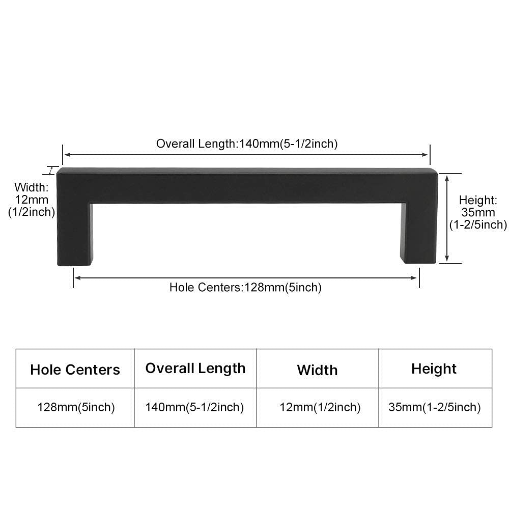 Black Cabinet Handles 5 Inch (128mm) Square Pulls - 2 Pack HDJ12BK - Modern Cabinet Hardware for Kitchen, Bathroom & Furniture - Durable Matte Black Finish for Drawers & Cabinet Doors