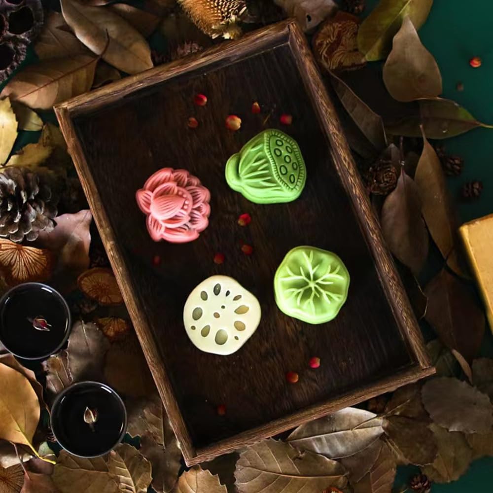 4Pcs Silicone Cake Fondant Molds - Mooncake, Chocolate, Candy, Polymer Clay, Sugar Craft, Ice Cube & Soap Decorations (Lotus Pond Moonlight Design) | Perfect for Baking, DIY Crafts & Home Decor