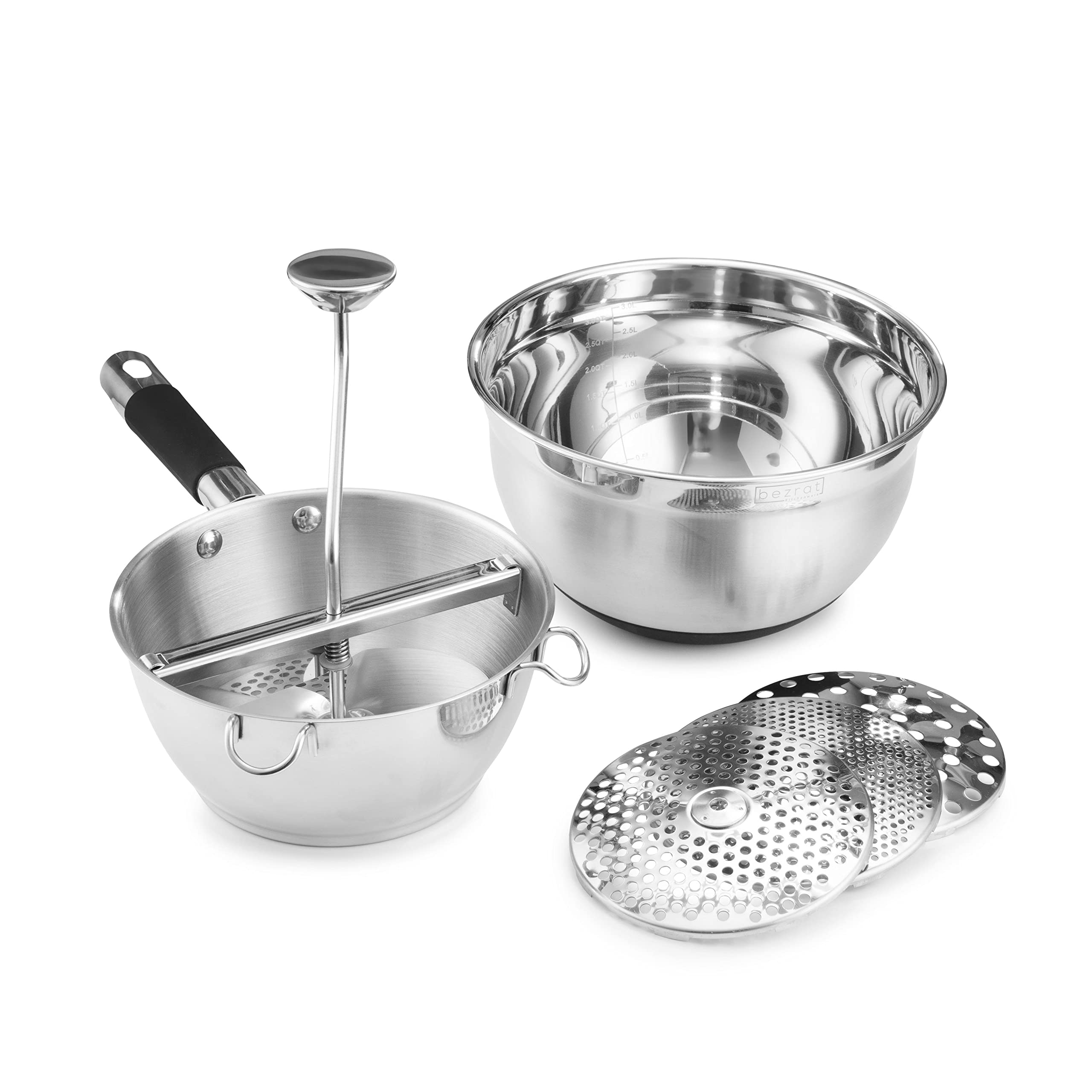 Bezrat 3-in-1 Food Mill with Stainless Steel Bowl - Potato Ricer for Mashed Potatoes, Hand Crank Grain Mill for Mashing Straining Grating Fruits Vegetables - Includes 3 Grinding Discs - Perfect for Baby Food Making, Kitchen Prep & Homemade Purees (Black)