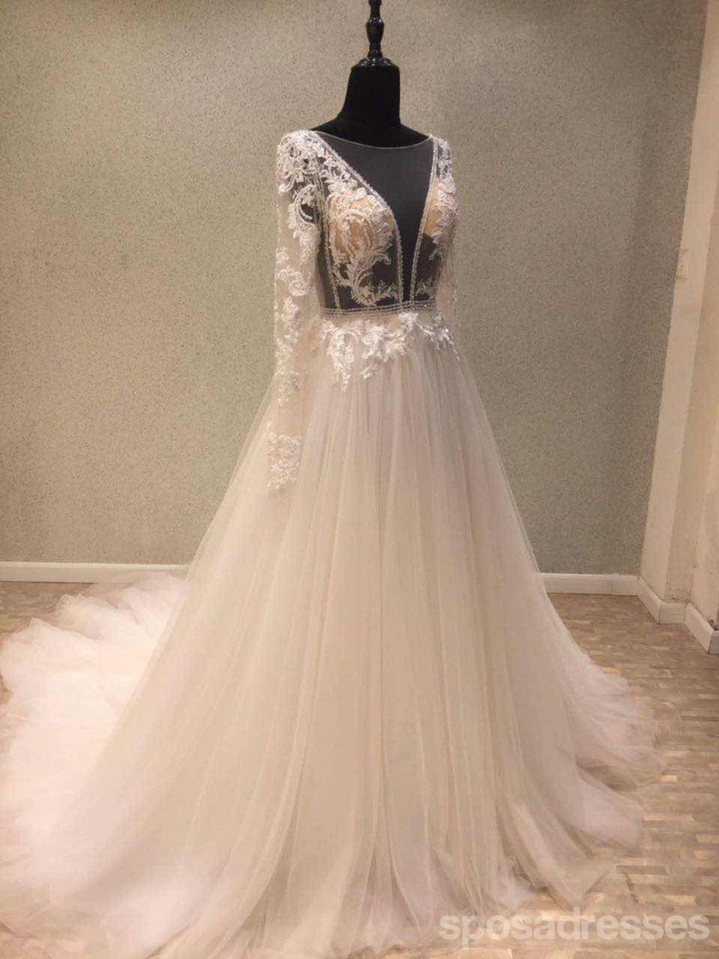 Elegant Long Sleeve Backless V-Neck Lace Wedding Dress - Custom Made Bridal Gown for Affordable Weddings (WD244) | Perfect for Church Ceremonies, Beach Weddings & Romantic Vows