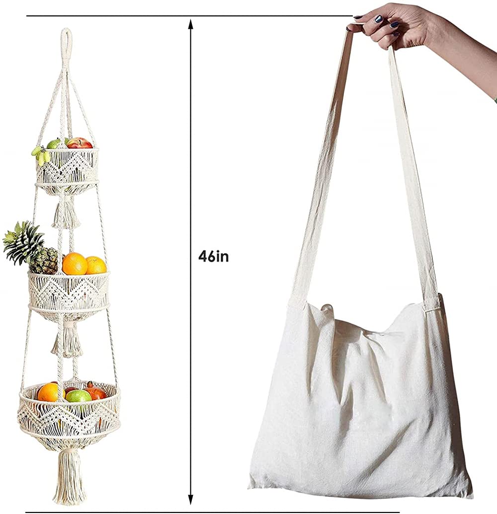 3-Tier Braided Hanging Fruit Basket - Space Saving Kitchen Storage Organizer for Fruits, Vegetables & Plants | Perfect for Pantry, Countertop & Small Spaces