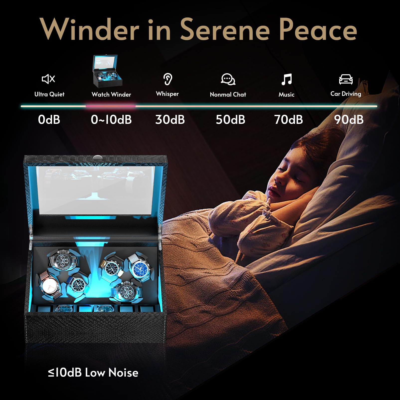 Premium Automatic Watch Winder for Men - 4/6 Slot Mabuchi Motor with 6 Extra Storage, Serenity Blue LED Backlight, Genuine Leather Case & Soft Velvet Interior | Open Lid Stop Technology & 4 Rotation Modes | Perfect for Watch Collectors, Travel & Nightstand Display