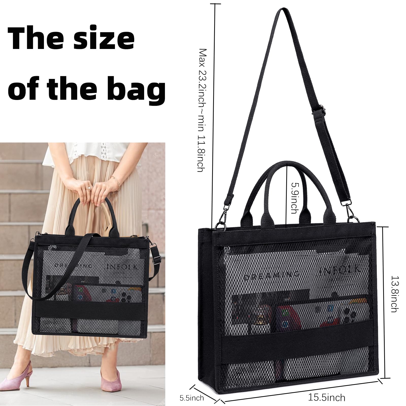 BTOOP Women's Clear Mesh Beach Tote Bag with Zipper - Waterproof Pool Bag, Crossbody Purse for Travel, Work, Gym & Shopping - Perfect for Swimming, Vacation & Daily Use