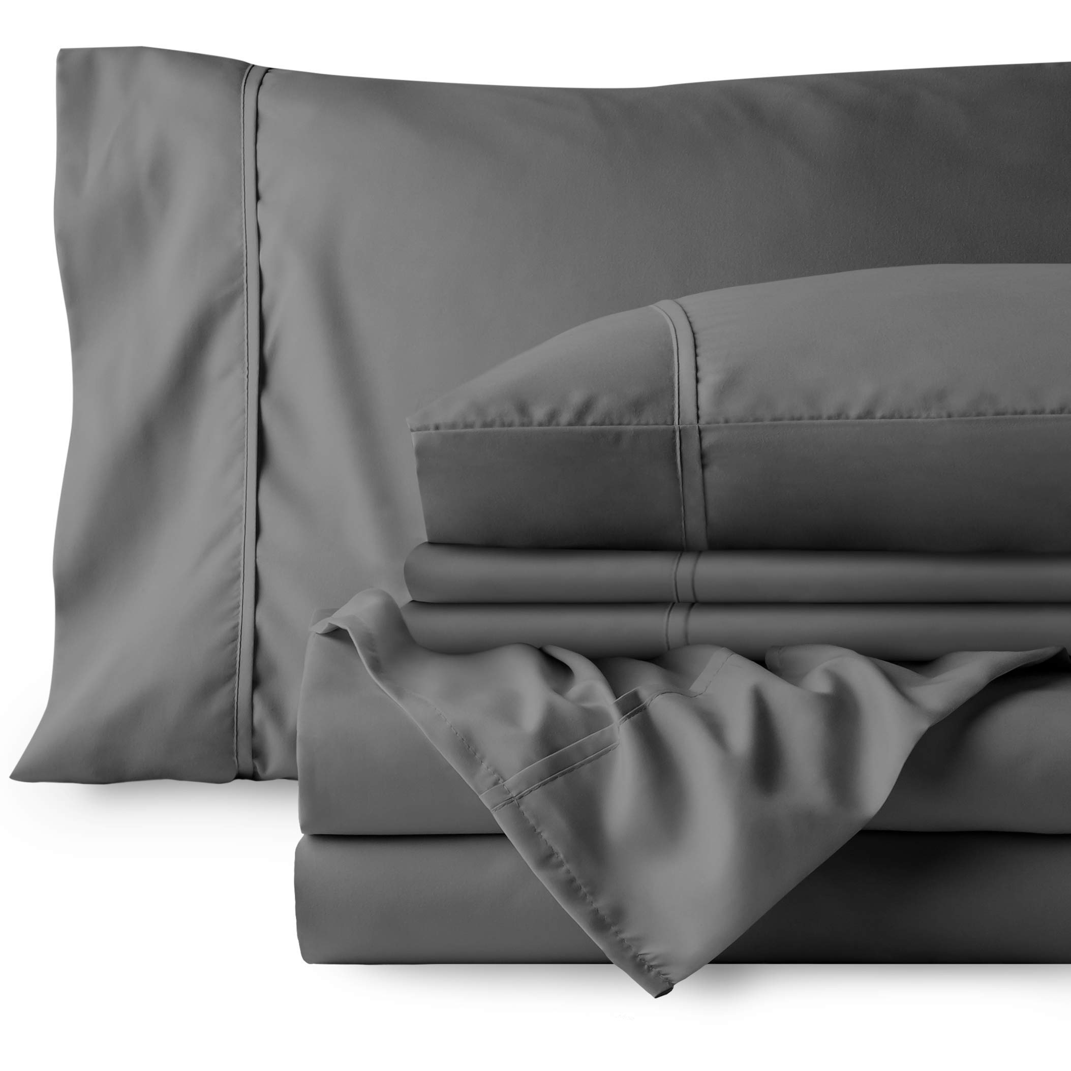 Bare Home 7-Piece Microfiber Sheet Set with 4 Pillowcases - Split King Size, Soft Grey Bedding Bundle for Luxurious Comfort | Perfect for Master Bedrooms, Guest Rooms & Vacation Homes