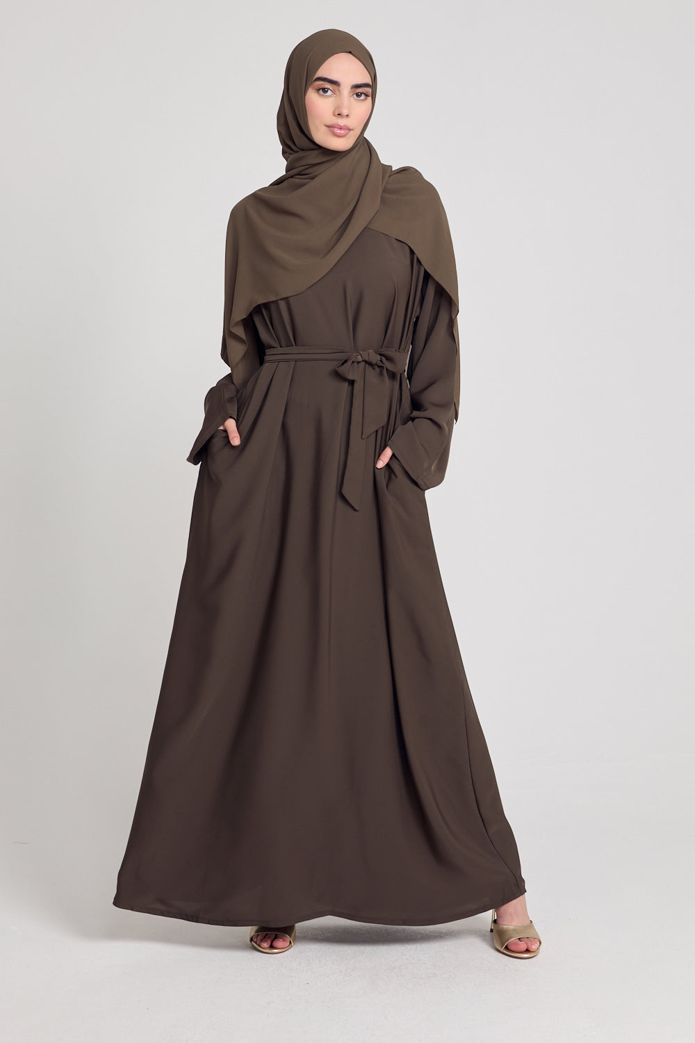 Premium Plain Closed Abaya with Pockets - Olive Brown | Modest Muslim Dress for Women | Perfect for Prayer, Daily Wear & Special Occasions