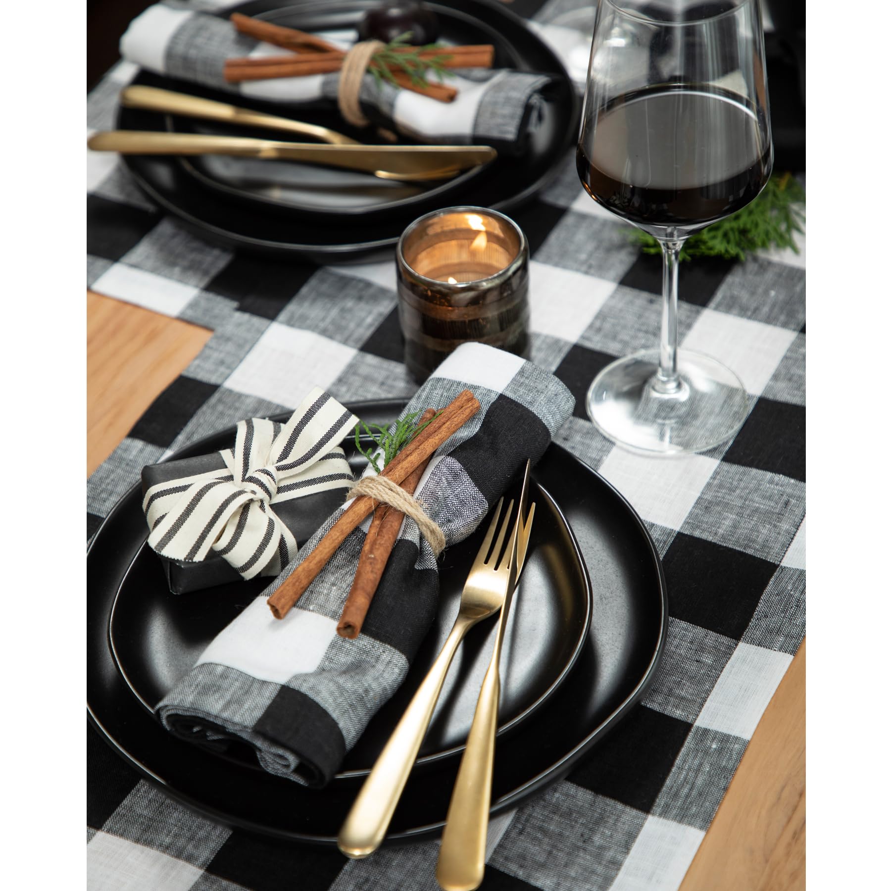 Solino Home 100% Pure Linen Buffalo Check Table Runner 14x60 Inch - Black and White Plaid Table Decor for Dining, Coffee & Dresser Tables - Perfect for Spring, Mother's Day & Easter Decorations