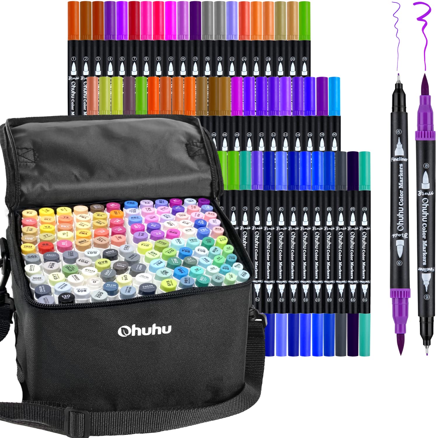 Ohuhu 60 Colors Dual Tip Brush & Fine Markers + 120 Alcohol Based Markers Set - Chisel & Brush Tips for Artists, Students & Adult Coloring Books - Perfect for Sketching, Illustration & DIY Crafts
