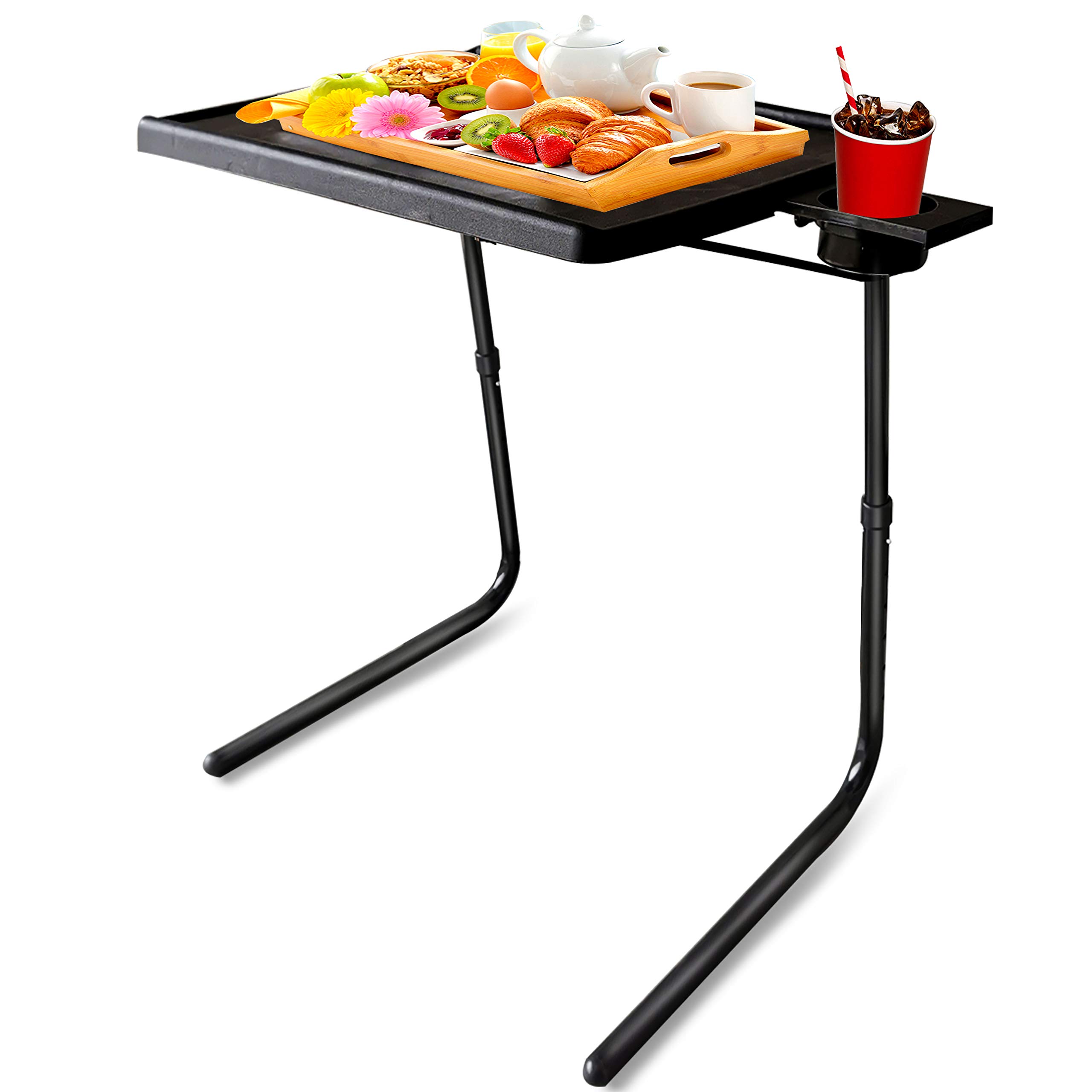 TECL Adjustable TV Tray Table - Foldable Bedside Laptop Desk with Cup Holder, 6 Height & 3 Angle Settings for Sofa, Bed, Office (Black) | Perfect for Eating, Working, Reading in Bed or Watching TV