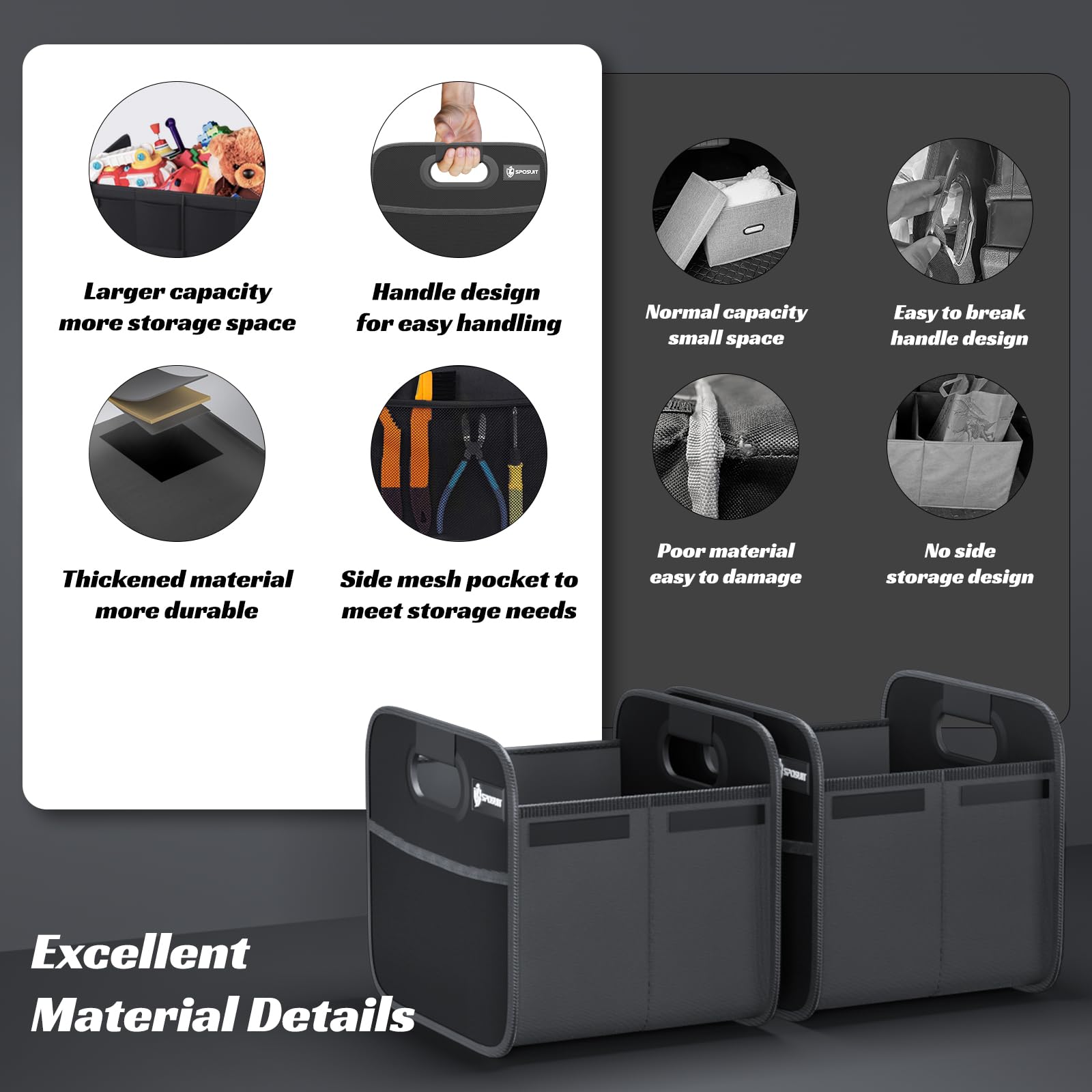 Collapsible Split Trunk Organizer for Cars & SUVs - Reinforced Handles Storage Box for Groceries & Cargo (2-Pack, Black) | Perfect for Road Trips, Shopping & Daily Commute