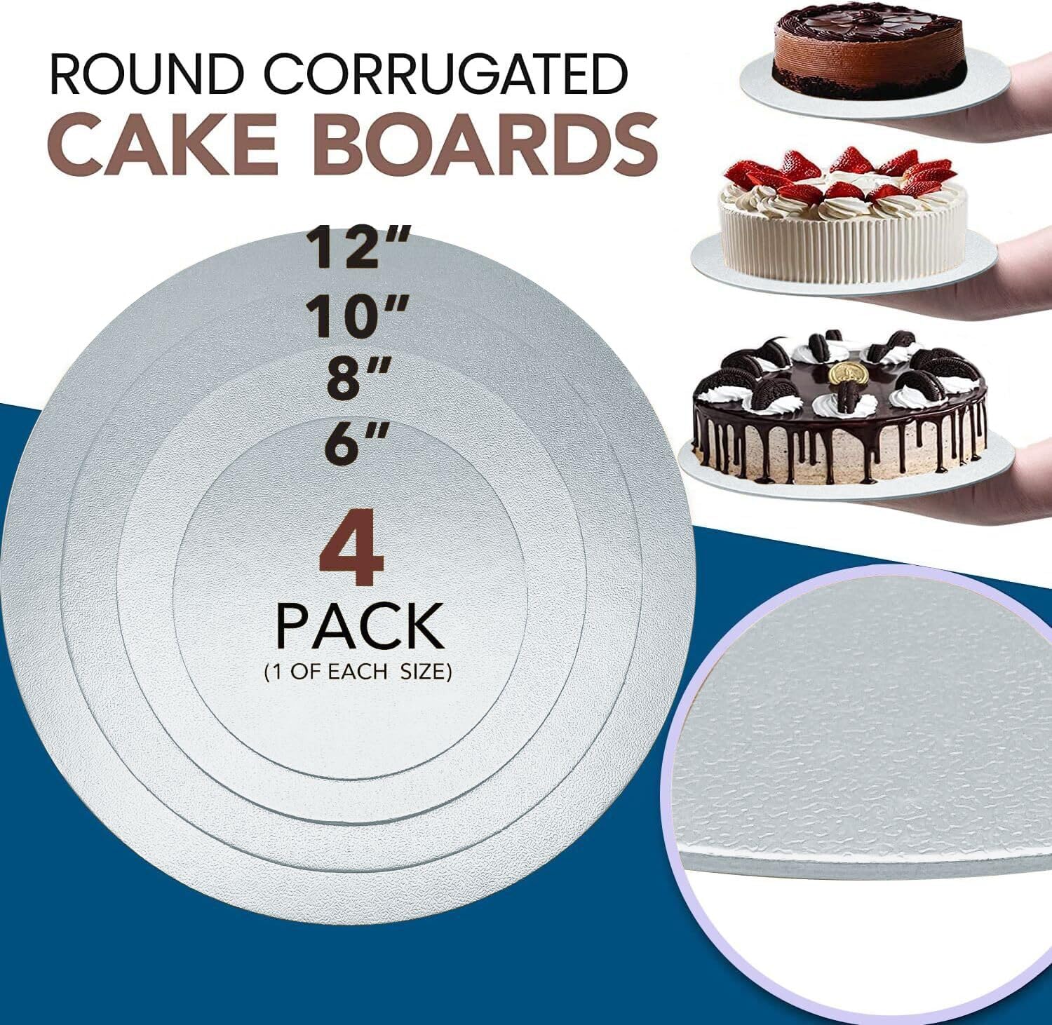 GOIIO 4-Piece Round Cake Boards Set - 6, 8, 10, 12 Inch Golden Cardboard Cake Circles for Baking, Decorating & Serving - Perfect for Birthday Cakes, Wedding Cakes & Dessert Displays
