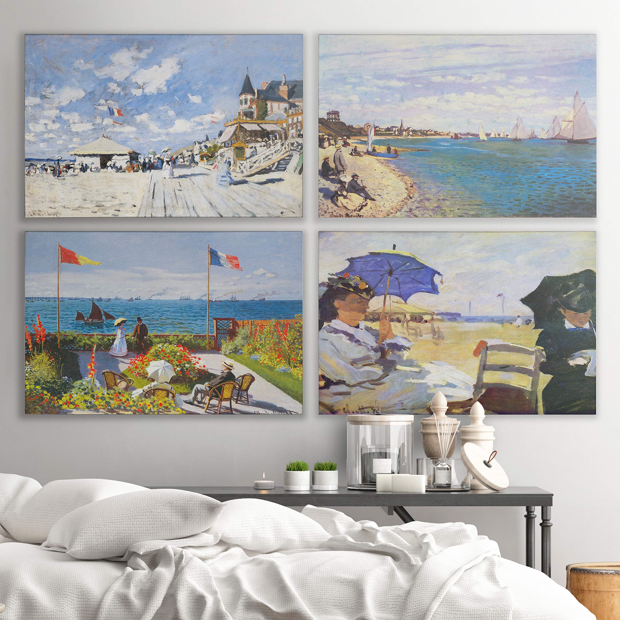 Beach View Gallery Wrapped Canvas Wall Art Set of 4 - Coastal Landscape Paintings for Living Room, Bedroom & Office Decor