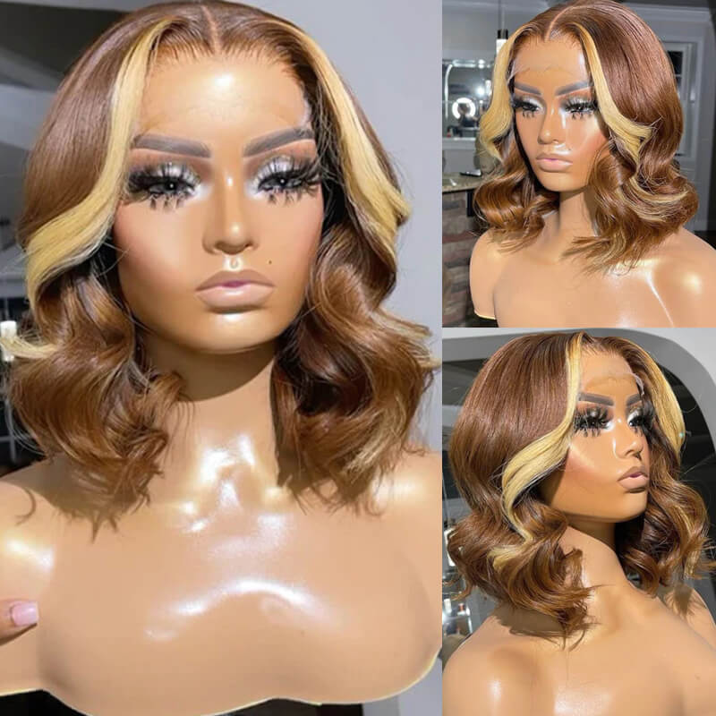 Eullair Short Layered Straight Bob Wig - Chocolate Brown with Honey Blonde Highlights 100% Human Hair Wavy Loose Wig for Women | Perfect for Cosplay, Daily Wear & Costume Parties