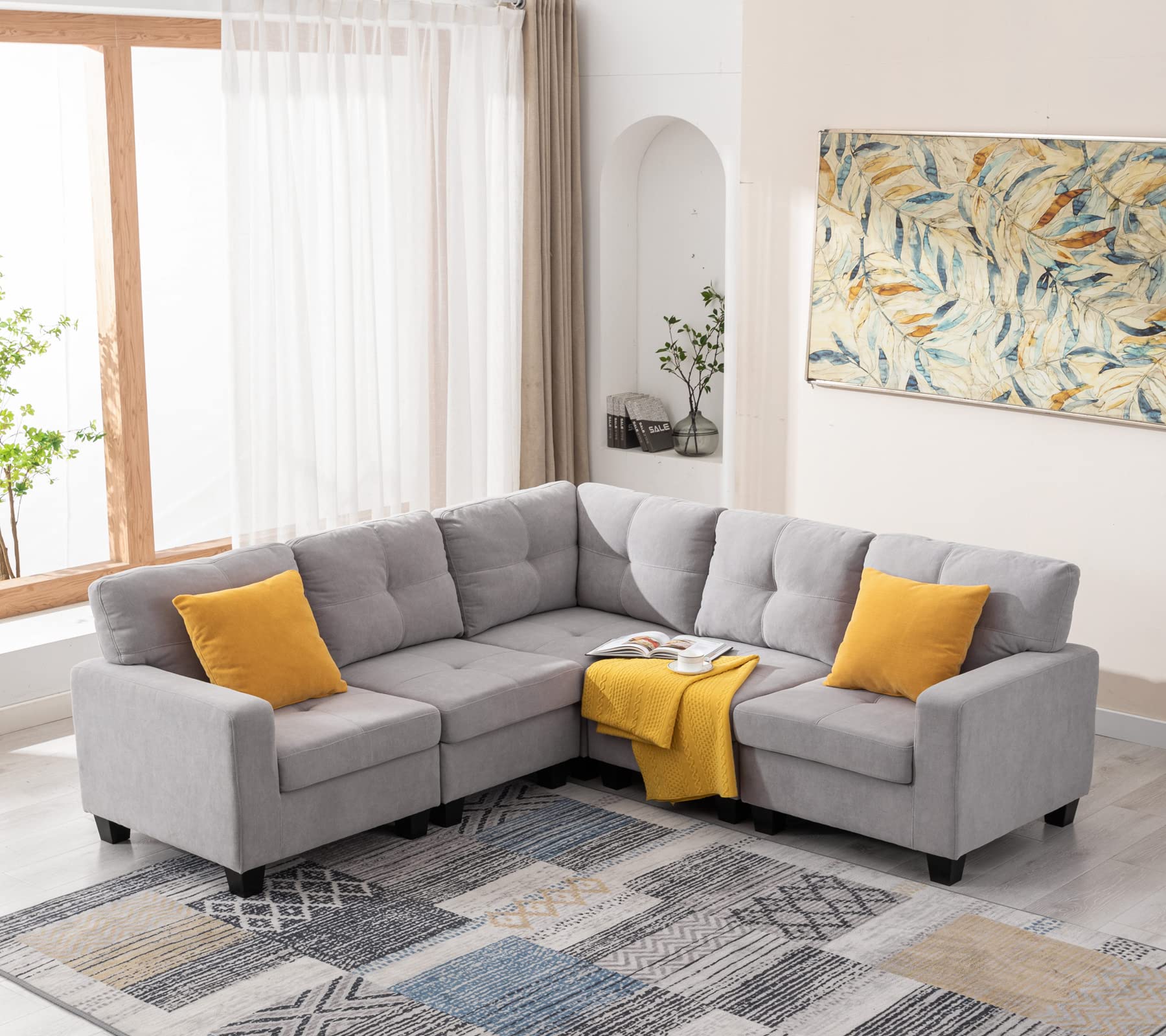 Modular Fabric Sectional Sofa with Velvet Middle Section - Grey Living Room Furniture Set for Home, Office, or Lounge Comfort