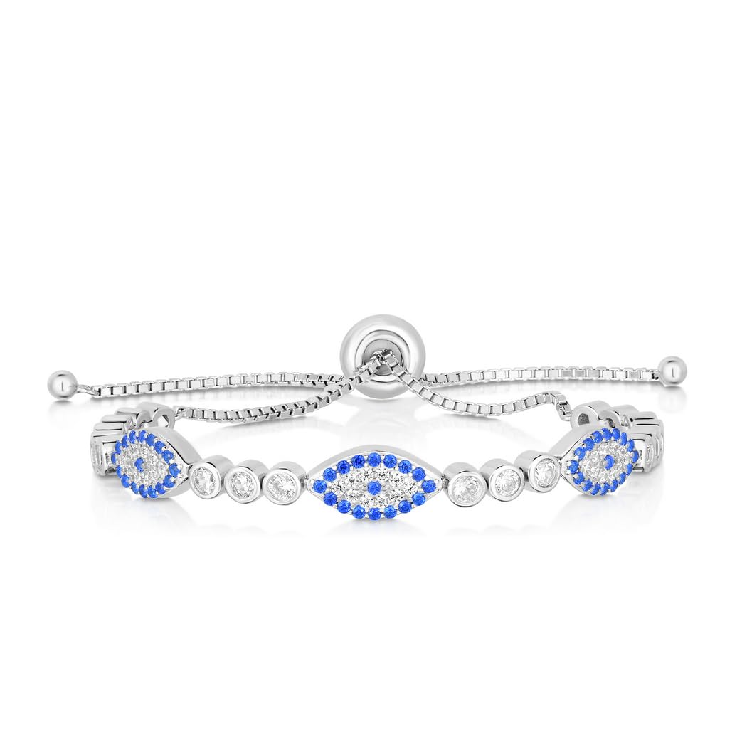 Rhodium-Plated Sparkle Cut Evil Eye Adjustable Bracelet for Women - 6.5mm Silver Jewelry with Drawstring Clasp & 9-Link Design | Perfect for Protection, Gift Giving & Boho Fashion Accessories