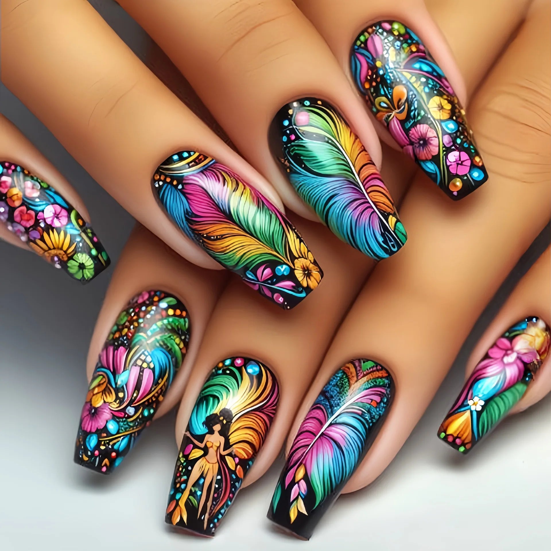 24Pcs Long Blue Fake Press on Nails with Jelly Glue - Full Cover Acrylic Nails in Ocean Sunrise Design - Detachable Fashion Manicure for Women - Perfect for Parties, Weddings & Daily Wear