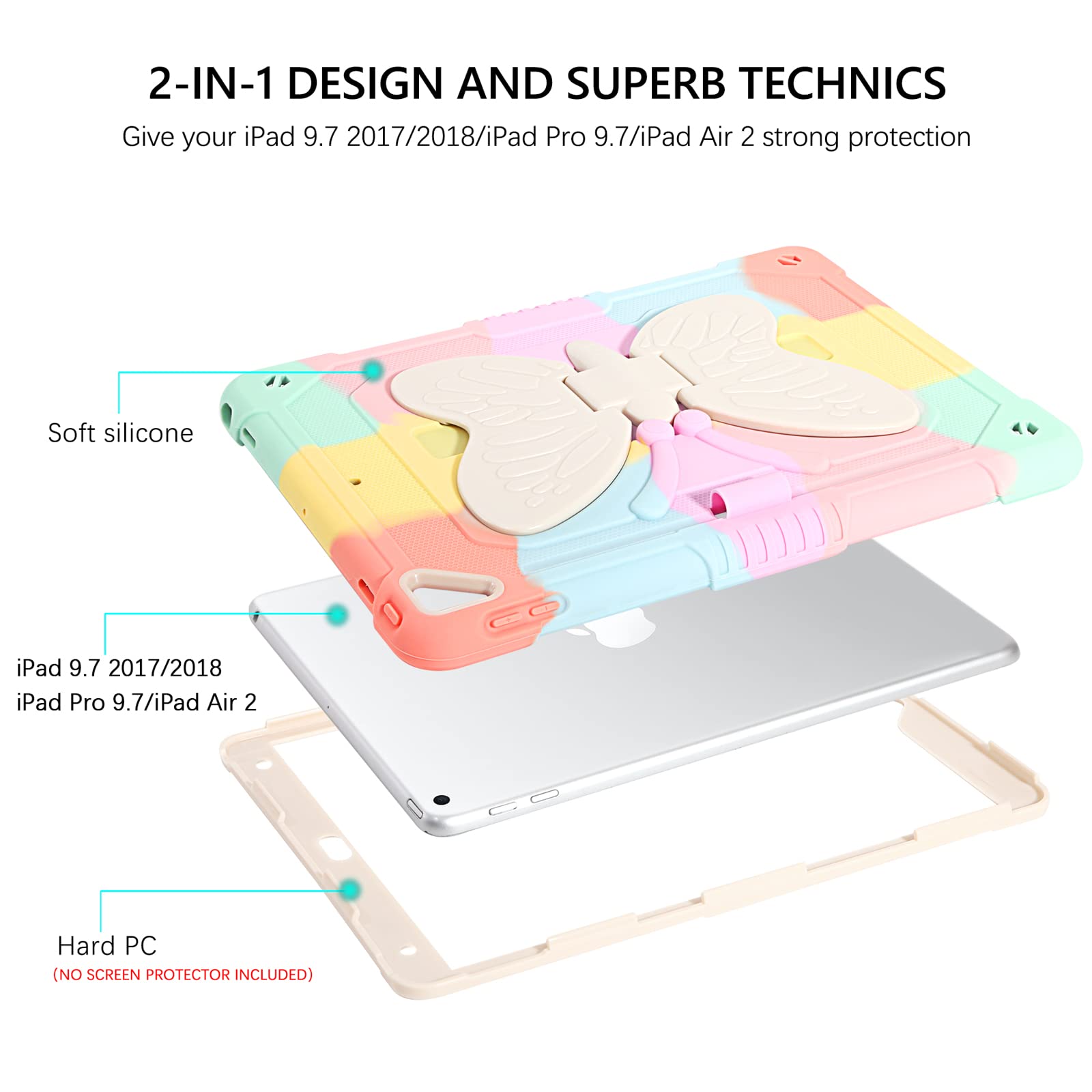 GUAGUA Shockproof iPad Case for iPad Air 2/6th/5th Gen & iPad Pro 9.7 - 2-in-1 Rugged Protective Cover with Kickstand & Pen Holder | Anti-Scratch Durable Design | Perfect for Work, Travel & Outdoor Use