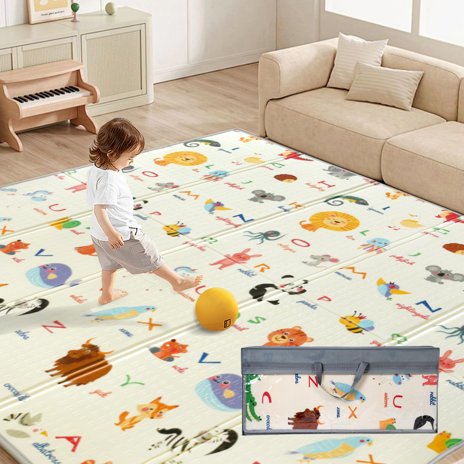 Premium Baby Play Mat for Floor - 79”×71” Extra Large Foldable Waterproof Foam Playmat for Infants | Tummy Time, Crawling & Playpen Activities | Non-Toxic Thick Cushion with Travel Bag (Animal Print) - Perfect for Nursery, Daycare & Travel Use