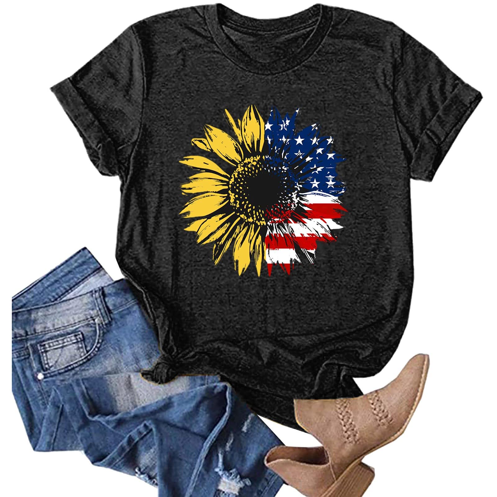 ZEFOTIM Women's Sunflower Print Short Sleeve Crewneck T-Shirt - Casual Summer Fashion Top for Women 2024 - Perfect for Beach Outings, Picnics & Everyday Wear